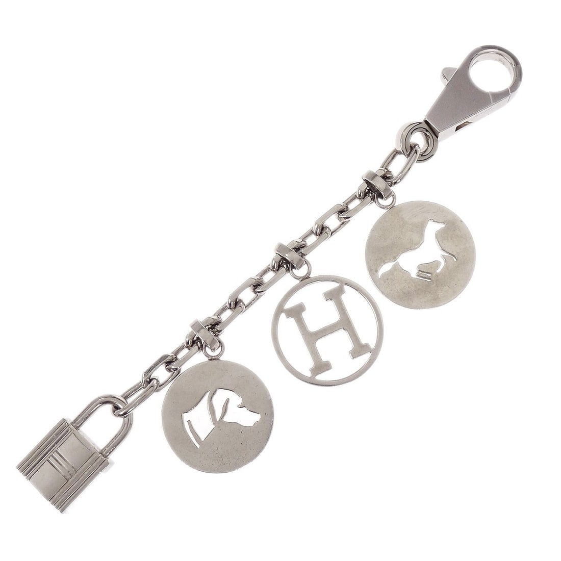 Hermes Silver Plated Bull Lock Key Holder Bag Charm Small Accessory: Hermes Silver Plated Bull Lock Key Holder Bag Charm Small Accessory This Hermes Amulet Bull Lock key holder bag charm features a sleek silver color and is crafted from silver-plated material. Designed