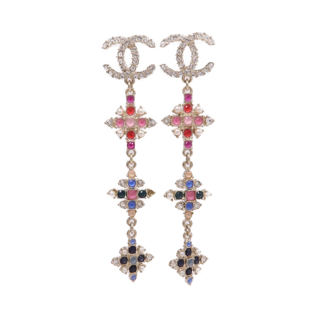 Chanel Gold Tone CC Pierced Earrings with Pink and Blue Accents: Chanel Gold Tone CC Pierced Earrings with Pink and Blue Accents These CHANEL CC pierced earrings feature a gold-tone finish with clear, pink, and blue accents. Designed for women, they are crafted fro