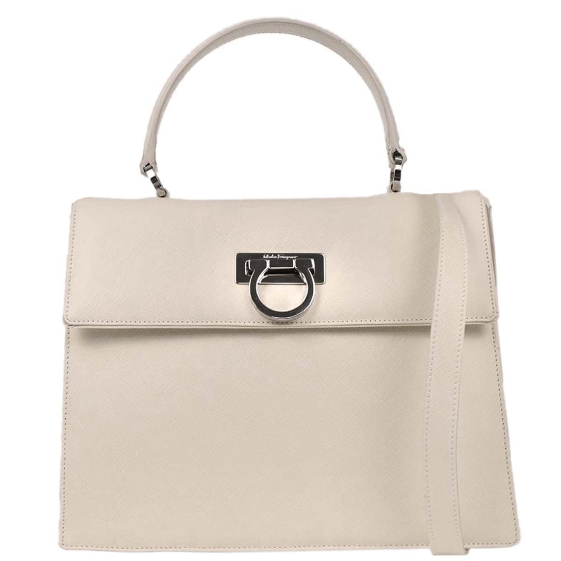 Salvatore Ferragamo Off-white Gancini 2way Leather Handbag: Salvatore Ferragamo Off-white Gancini 2way Leather Handbag Discover the elegant Salvatore Ferragamo Gancini 2-way Handbag in a versatile off-white hue. This medium-sized handbag is perfect for casual 