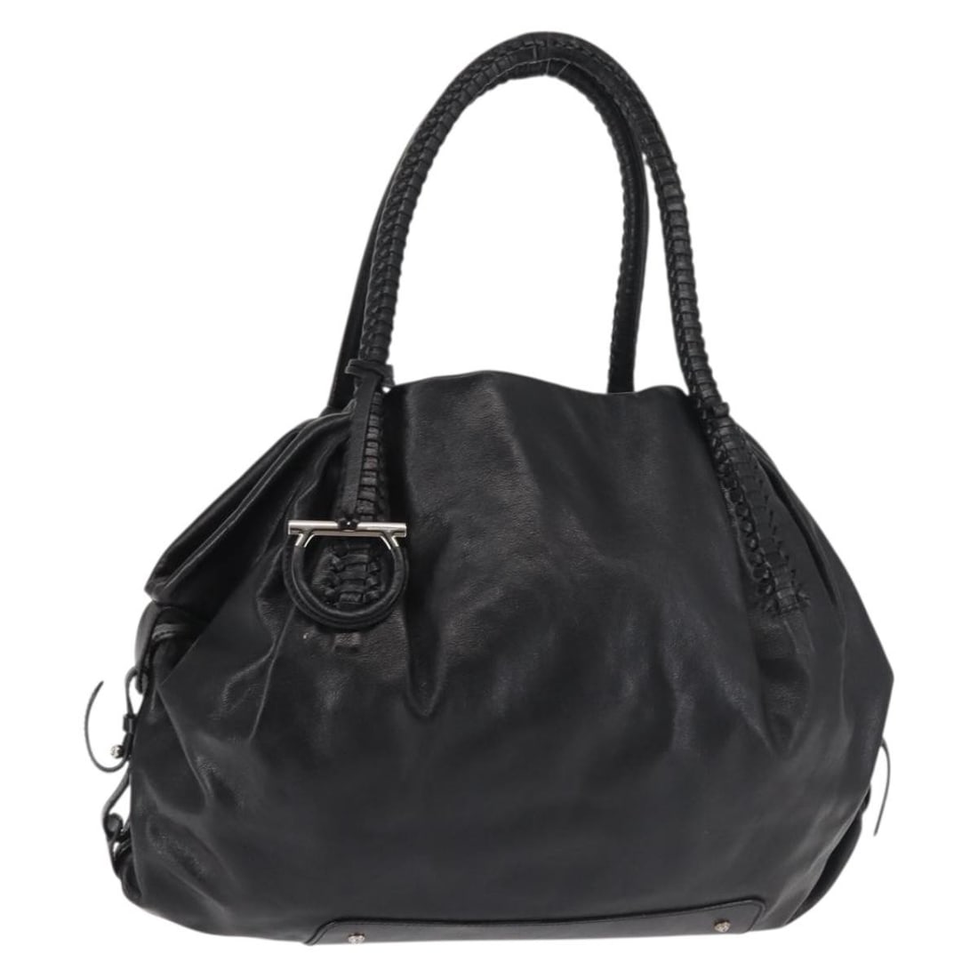 Black Leather Gancini Tote Bag by Salvatore Ferragamo: Black Leather Gancini Tote Bag by Salvatore Ferragamo This Salvatore Ferragamo Gancini Tote is crafted from black leather and features metal fittings. Designed for women, this pre-owned bag is in good