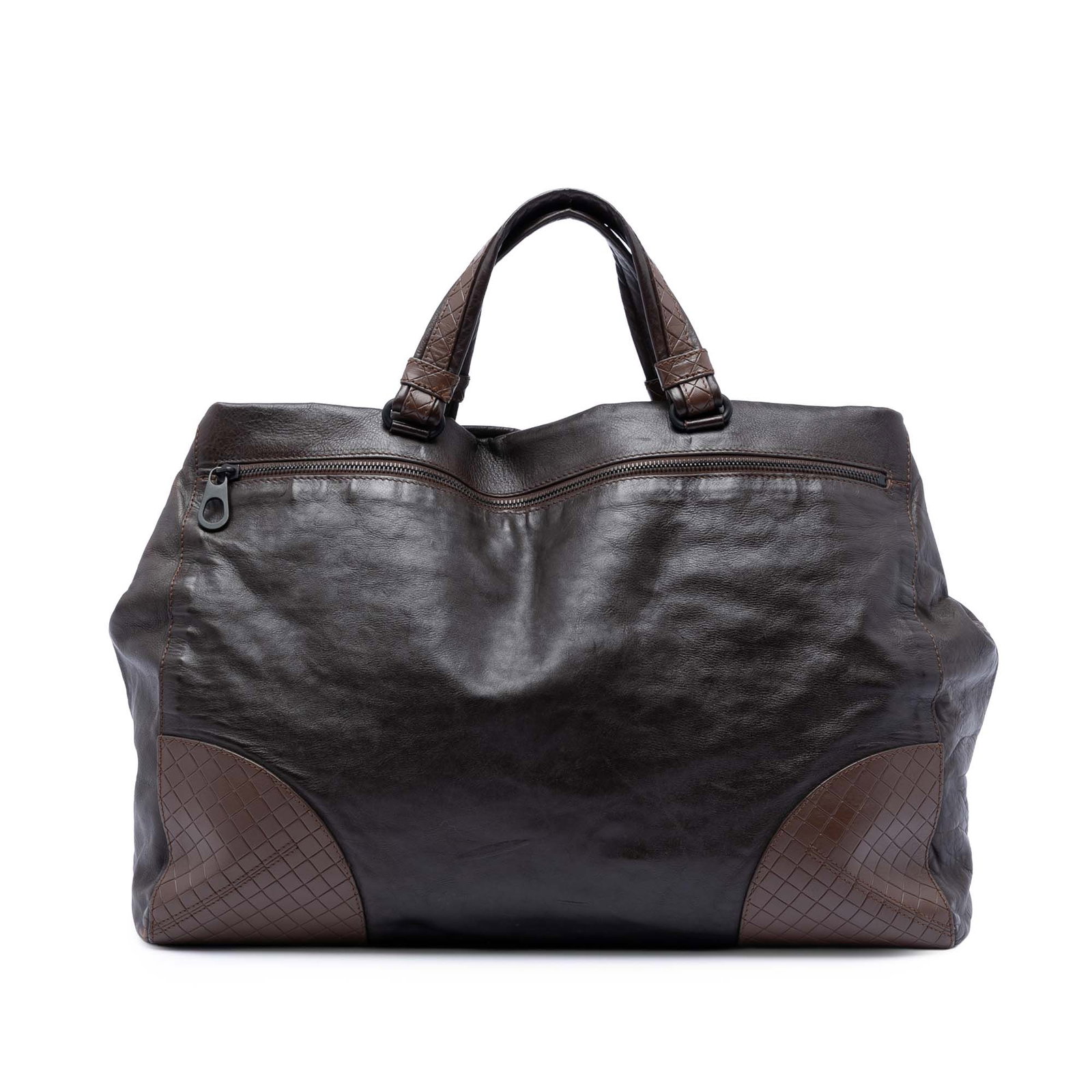 Intrecciomirage Brown Nappa Leather Tote Bag With Embossed Trim: Intrecciomirage Brown Nappa Leather Tote Bag With Embossed Trim This Bottega Veneta Intrecciomirage Trimmed Nappa Tote features a nappa leather body with embossed leather trim, flat leather handles, a