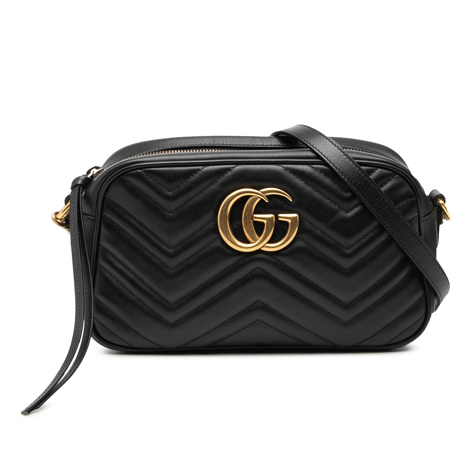 Gucci GG Marmont Small Black Quilted Leather Crossbody Bag: Gucci GG Marmont Small Black Quilted Leather Crossbody Bag This Gucci Small GG Marmont Matelasse Leather Crossbody bag features a quilted leather body in black, a chain link and adjustable flat leathe