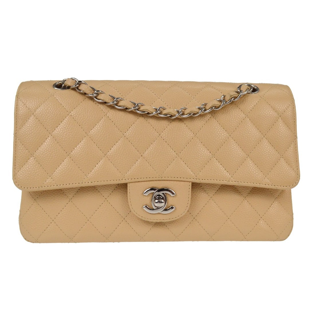 Chanel Medium Classic Double Flap Beige Caviar Leather Shoulder Bag: Chanel Medium Classic Double Flap Beige Caviar Leather Shoulder Bag This Chanel Classic Double Flap shoulder bag is crafted from beige caviar skin leather and features a matelasse pattern. The medium-