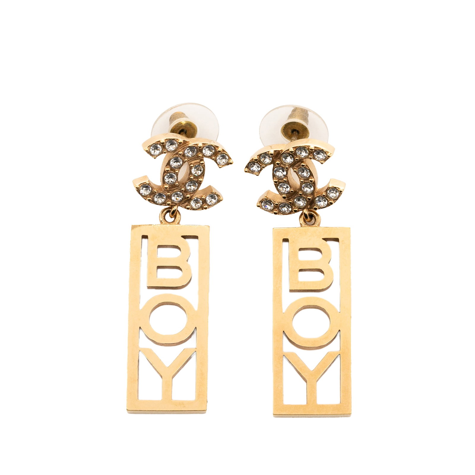 Chanel CC Gold Plated Rhinestone Boy Earrings with Push Back Closure: Chanel CC Gold Plated Rhinestone Boy Earrings with Push Back Closure These stunning Chanel CC Gold Plated Rhinestones Boy Plated Push Back Earrings feature a beautiful gold plated metal body adorned w