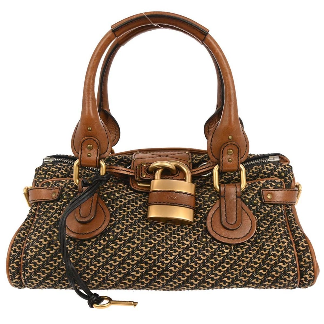Medium Paddington Top Handle Bag in Brown Leather by Chloe: Medium Paddington Top Handle Bag in Brown Leather by Chloe This Chloe Paddington medium handbag features a brown leather exterior with double handles and a top handle bag style. The bag is accented wi