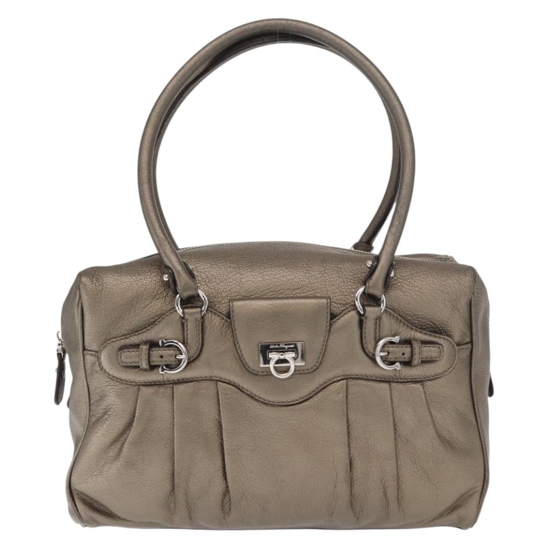 Gancini Buckle Leather Shoulder Bag by Salvatore Ferragamo Gold: Gancini Buckle Leather Shoulder Bag by Salvatore Ferragamo Gold This Salvatore Ferragamo Gancini Buckle Shoulder Bag for women is crafted from leather in a gold color. The bag features a signature Gan