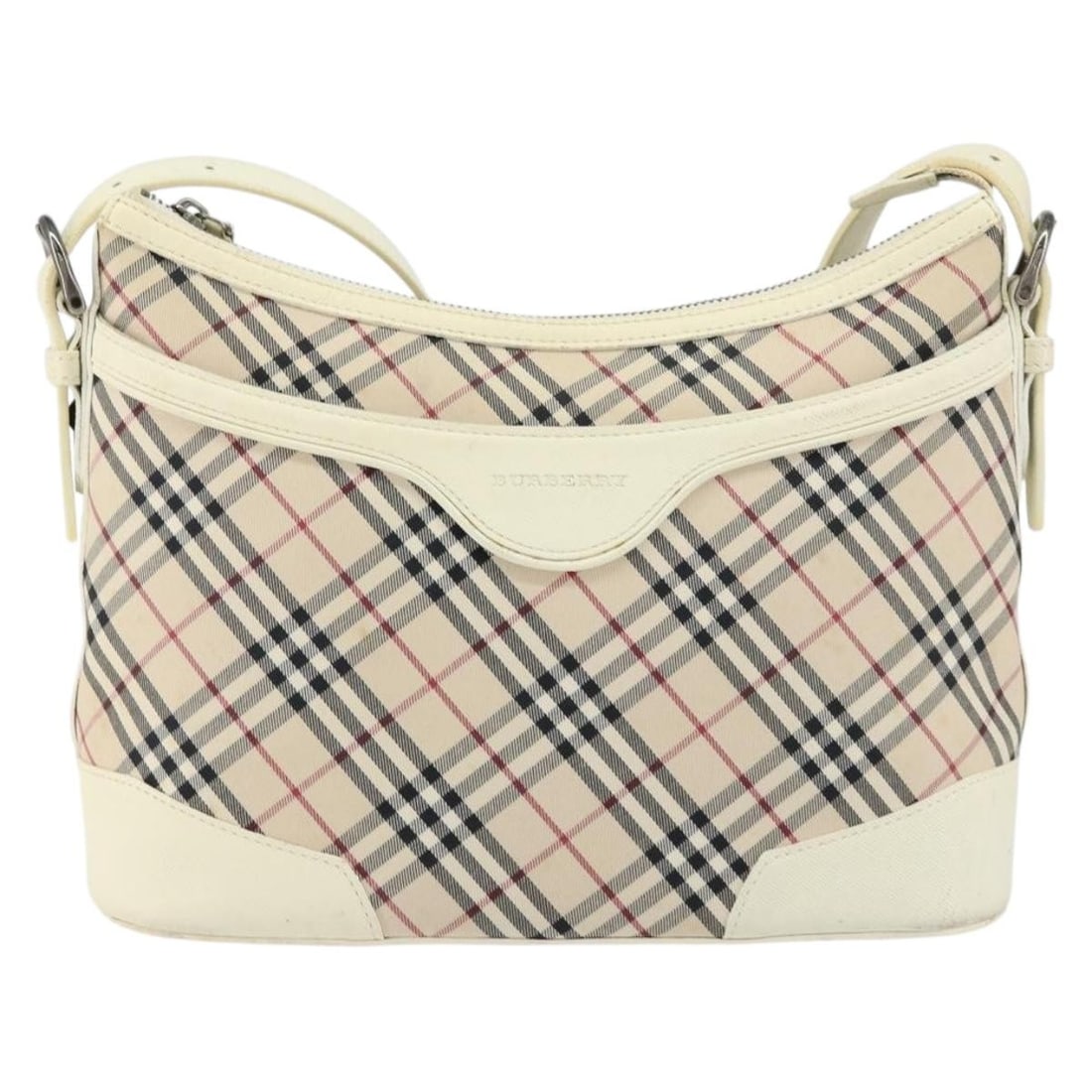 Burberry Canvas Shoulder Bag in Nova Check Pattern: Burberry Canvas Shoulder Bag in Nova Check Pattern This pre-owned Burberry Nova Check shoulder bag for women features the iconic Nova Check pattern crafted in canvas. The bag is white in color and des