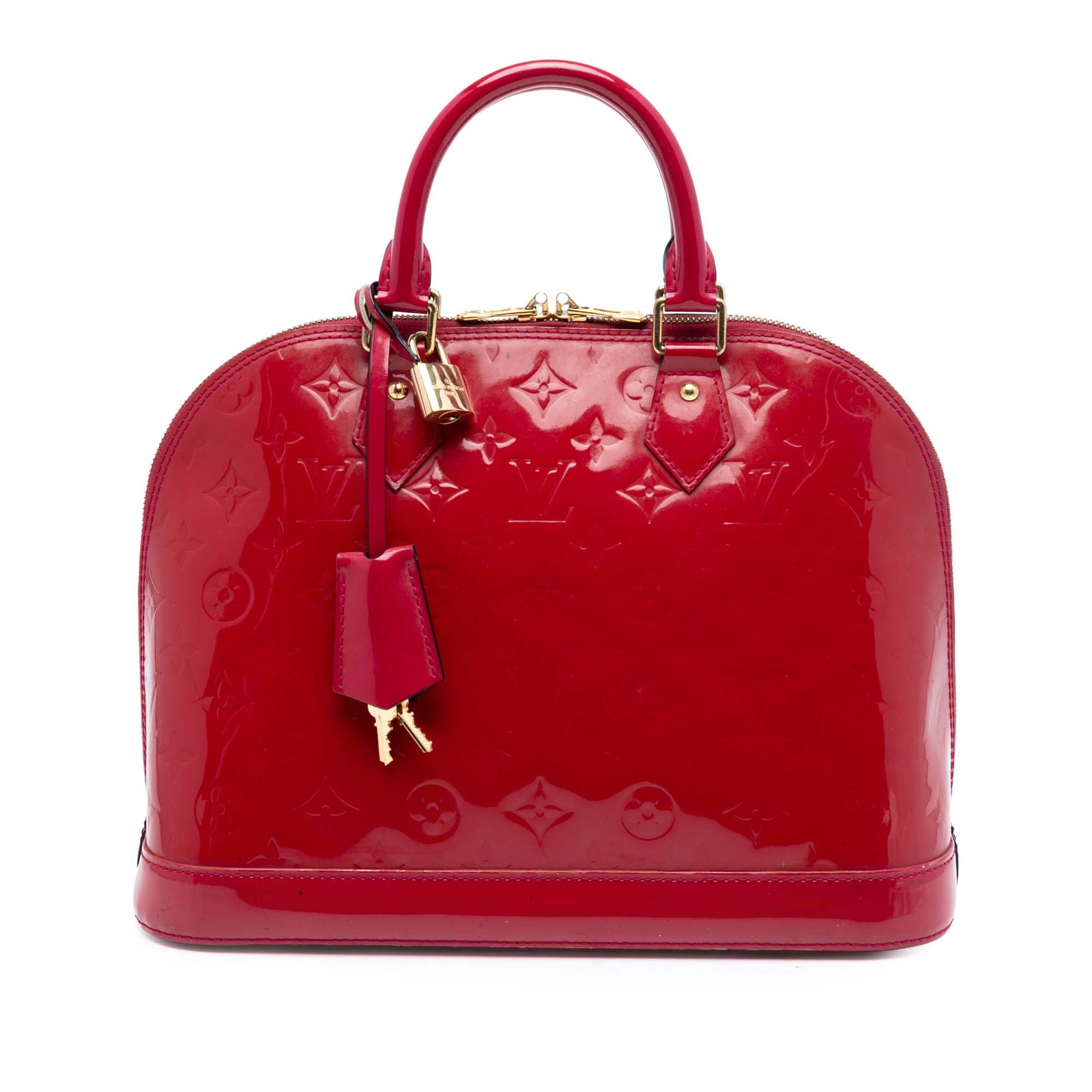 Red Vernis Leather Alma PM Handbag by Louis Vuitton: Red Vernis Leather Alma PM Handbag by Louis Vuitton This Louis Vuitton Monogram Vernis Alma PM handbag features a monogram vernis leather body, a clochette, rolled leather handles, a top zip closure, 