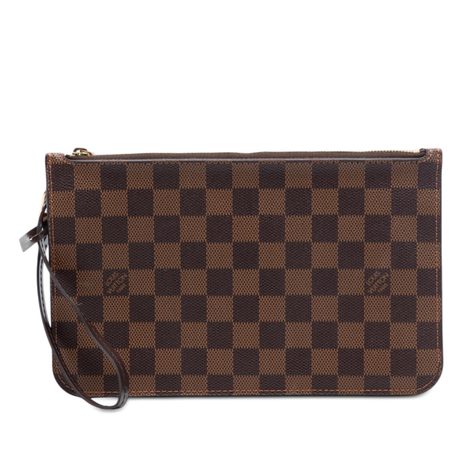 Louis Vuitton Neverfull MM Damier Ebene Brown Canvas Wristlet Pouch: Louis Vuitton Neverfull MM Damier Ebene Brown Canvas Wristlet Pouch This Louis Vuitton Damier Ebene Neverfull MM Pouch features a damier canvas exterior with a flat leather wrist strap, a secure top z