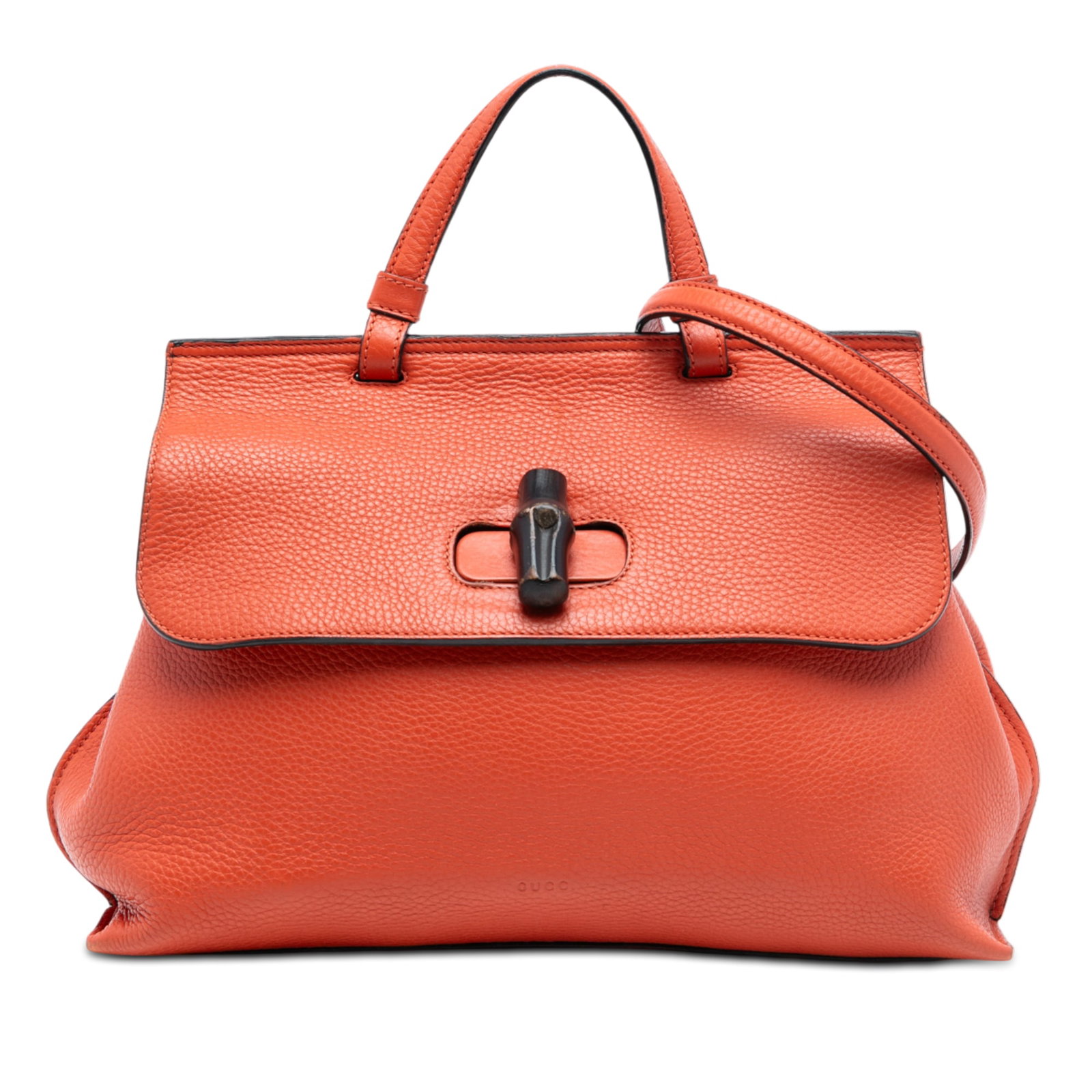 Gucci Bamboo Daily Medium Orange Leather Satchel with Detachable Strap: Gucci Bamboo Daily Medium Orange Leather Satchel with Detachable Strap This Gucci Medium Leather Bamboo Daily Satchel showcases a structured leather body in orange, complemented by a flat leather top 