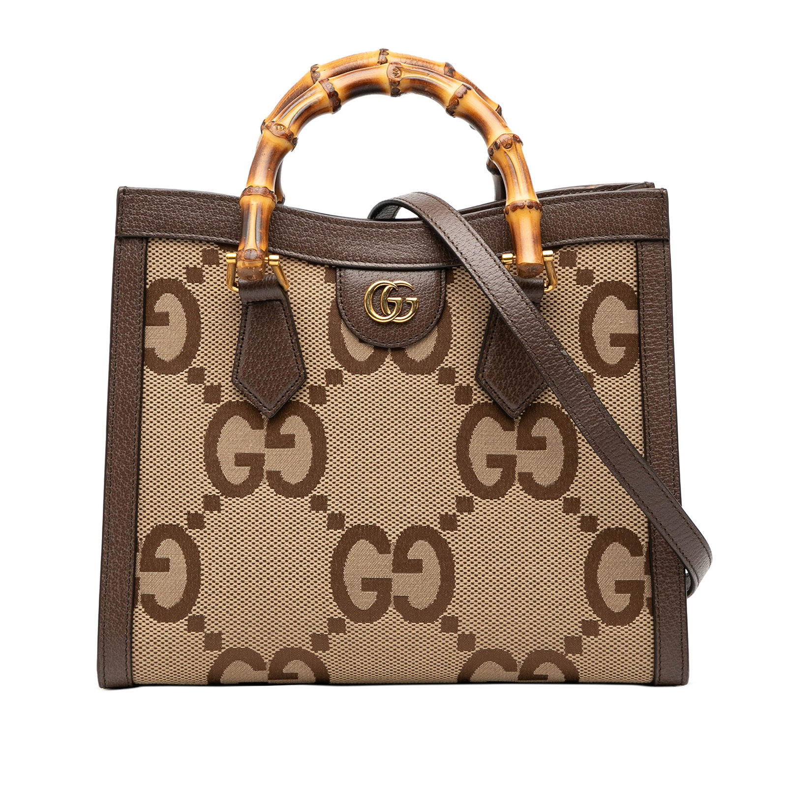 Gucci Bamboo Diana Medium GG Canvas Satchel with Leather Trim: Gucci Bamboo Diana Medium GG Canvas Satchel with Leather Trim This Gucci Medium Jumbo GG Canvas Bamboo Diana Satchel features a beige canvas body with leather trim, distinctive bamboo handles, and a d