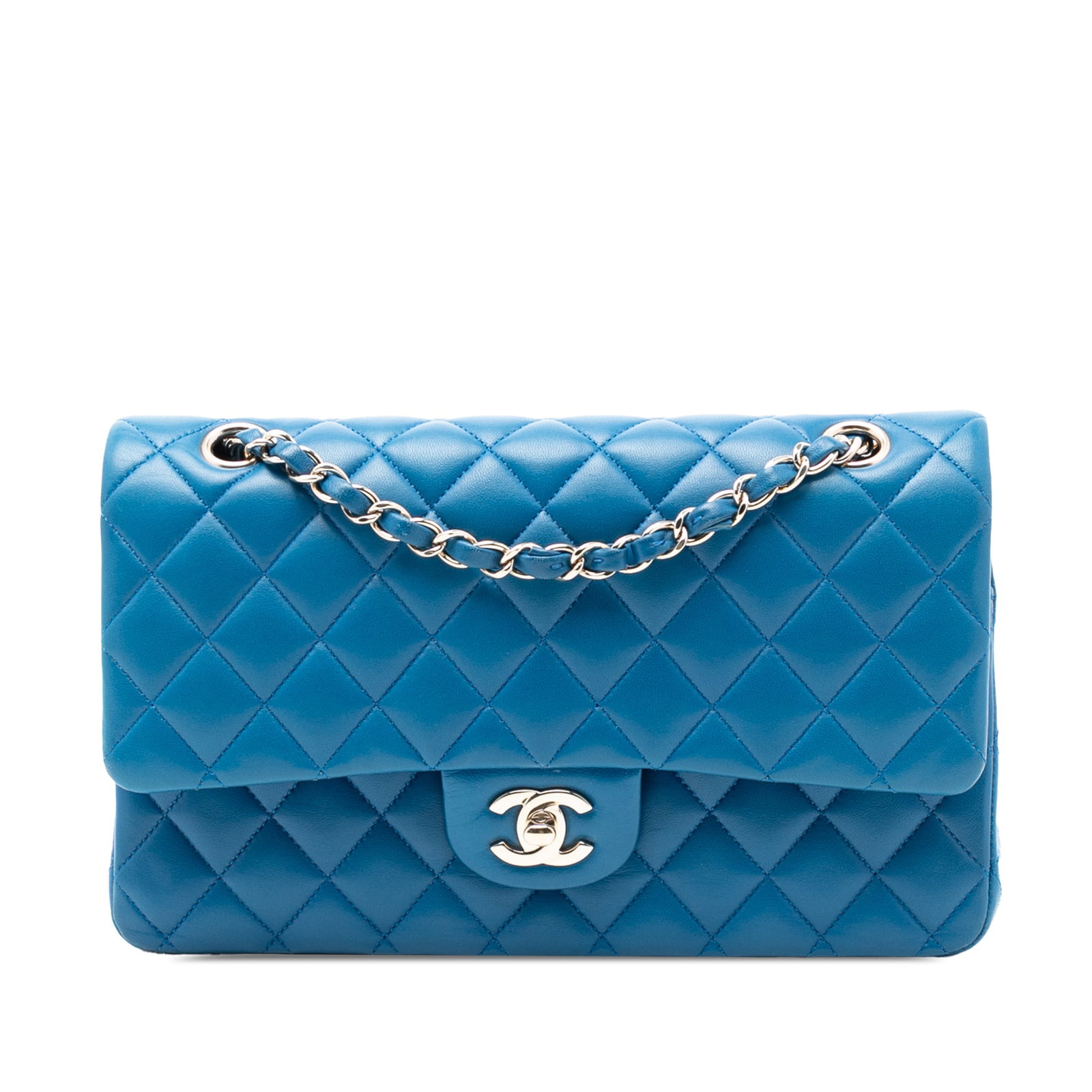 Blue Chanel Classic Medium Lambskin Quilted Double Flap Shoulder Bag: Blue Chanel Classic Medium Lambskin Quilted Double Flap Shoulder Bag This Chanel Medium Classic Lambskin Double Flap shoulder bag showcases a quilted lambskin leather body in blue, complemented by lea