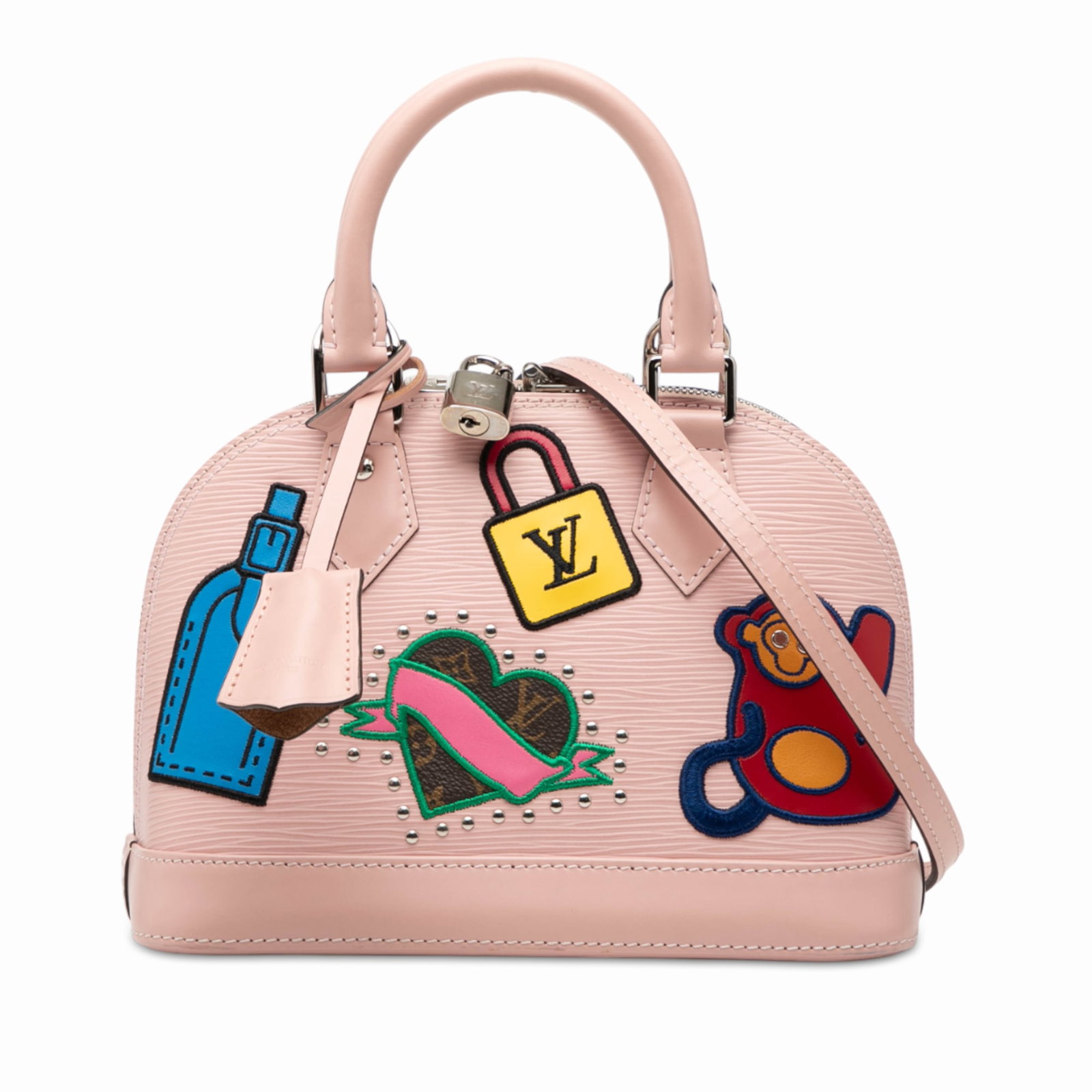 Louis Vuitton Epi Stickers Pink Alma BB Leather Satchel with Strap: Louis Vuitton Epi Stickers Pink Alma BB Leather Satchel with Strap This Louis Vuitton Epi Stickers Alma BB features a pink epi leather body with rolled leather handles, a detachable flat leather strap