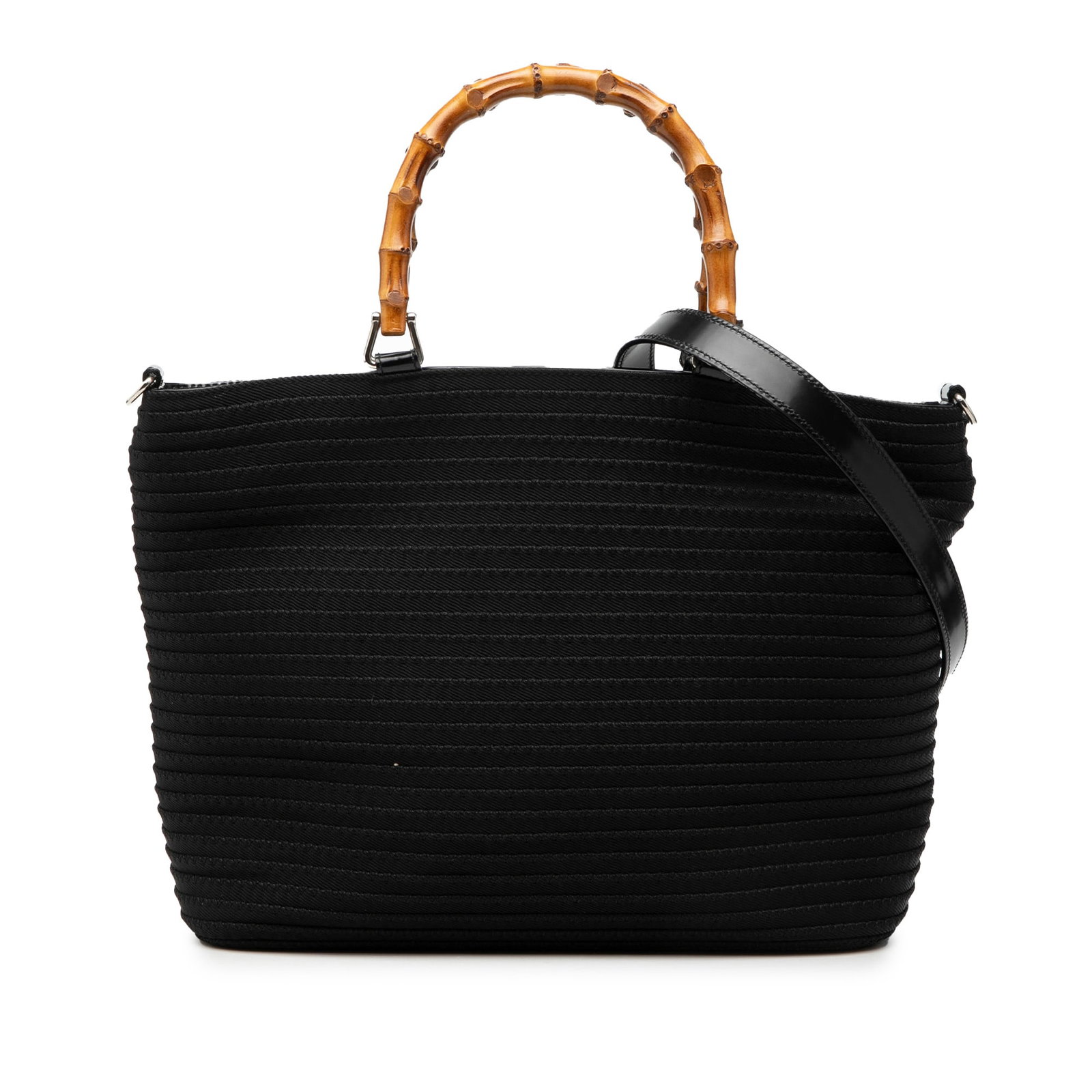 Black Fabric Satchel with Bamboo Handles and Leather Strap by Gucci: Black Fabric Satchel with Bamboo Handles and Leather Strap by Gucci This Gucci Nylon Bamboo Satchel features a black nylon body complemented by signature bamboo top handles and a detachable flat leath