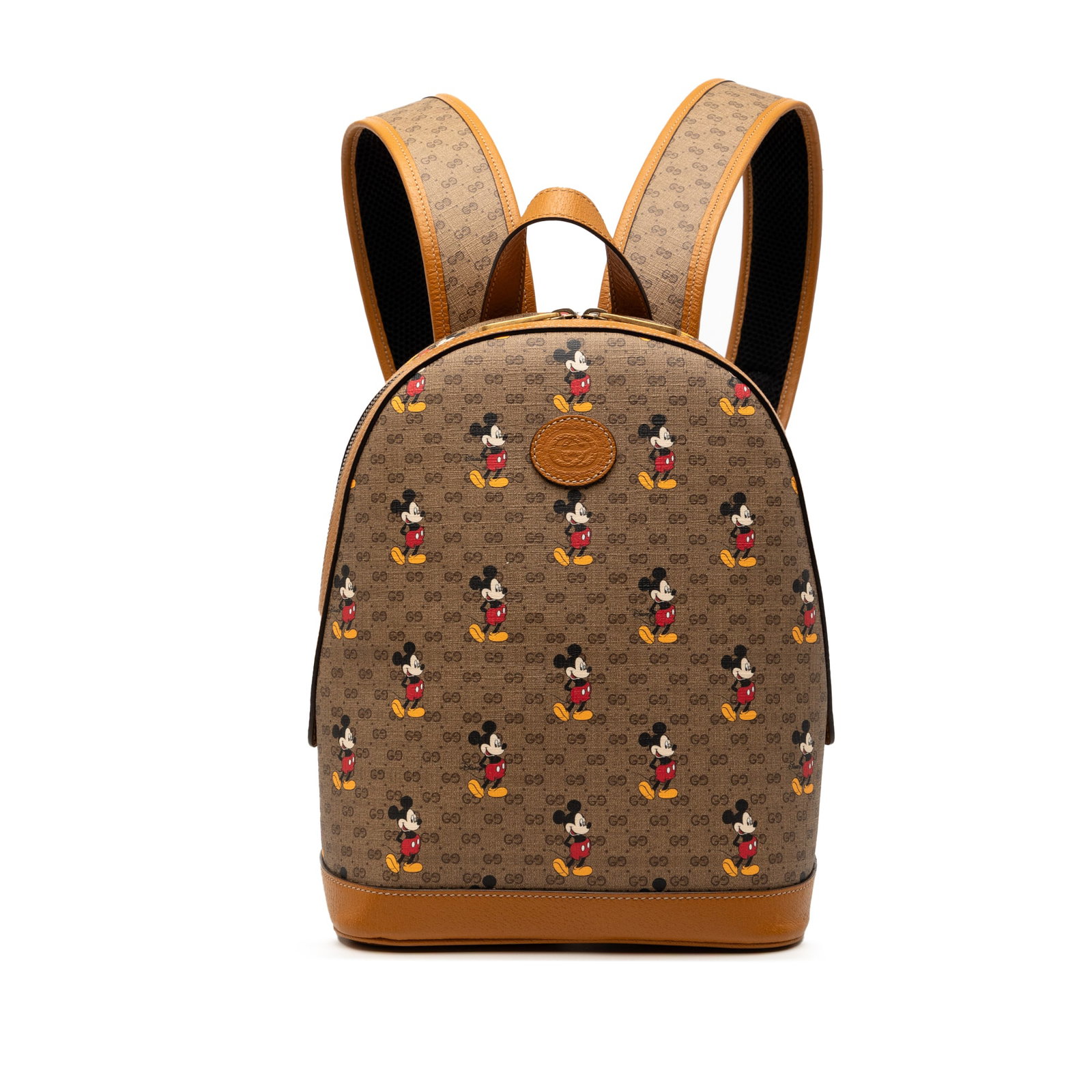 Disney Mickey Mouse Micro GG Supreme Dome Backpack by Gucci: Disney Mickey Mouse Micro GG Supreme Dome Backpack by Gucci This Gucci Disney Small Micro GG Supreme Mickey Mouse Dome Backpack features a coated canvas body with leather trim, a flat leather top hand