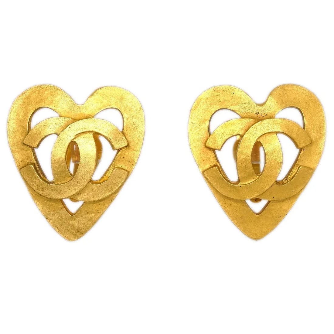 Chanel Gold Plated Heart Clip-On Button Earrings 95P: Chanel Gold Plated Heart Clip-On Button Earrings 95P These Chanel heart-shaped clip-on earrings feature a button style and gold-plated finish, offering a timeless and elegant accessory. Made in France