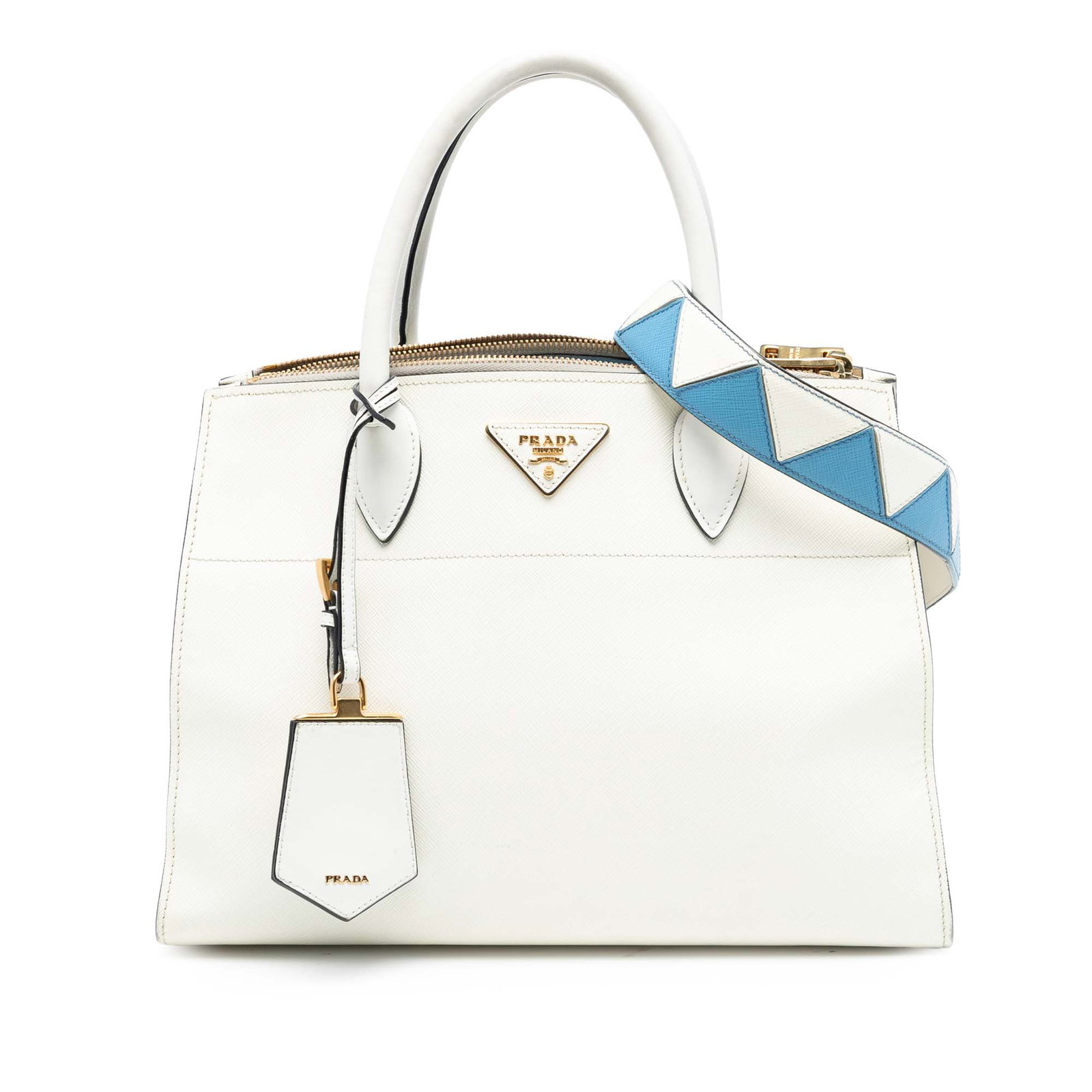 Prada Paradigme Saffiano Greche Satchel with City Calf Leather Trim: Prada Paradigme Saffiano Greche Satchel with City Calf Leather Trim This Prada City Calf Trimmed Saffiano Greche Paradigme Bag features a leather body with rolled leather handles, a detachable flat st