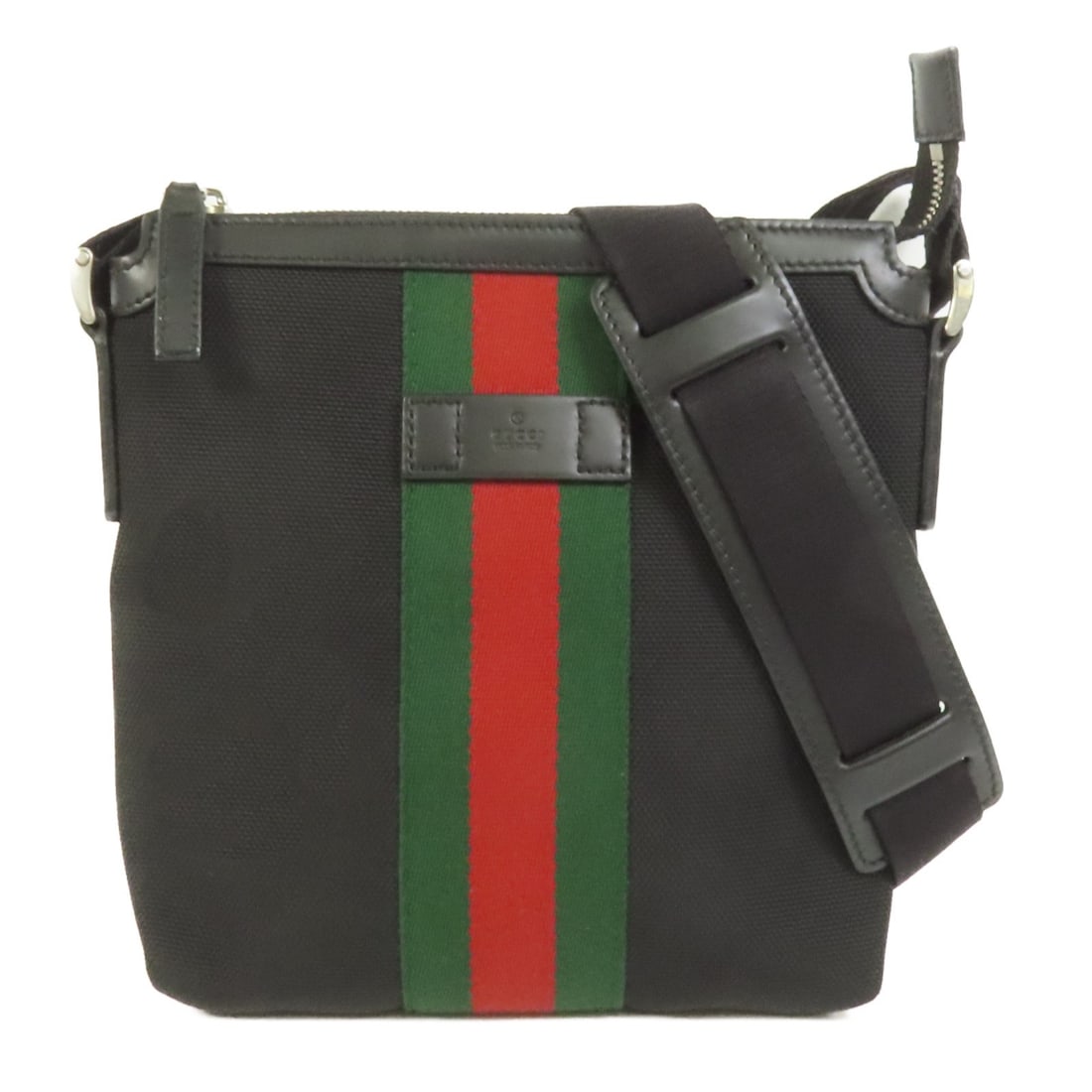 Black Canvas Ophidia Messenger Shoulder Bag by Gucci with Silver Hardware: Black Canvas Ophidia Messenger Shoulder Bag by Gucci with Silver Hardware This Gucci Ophidia Messenger shoulder bag features a black canvas exterior and is designed for men. It is equipped with silver