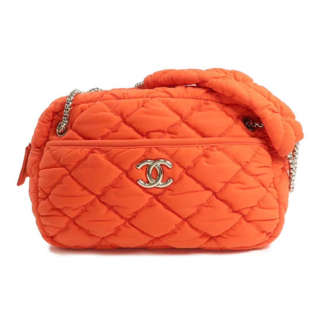 Orange Fabric Bubble Shoulder Bag by CHANEL with Silver CC Hardware: Orange Fabric Bubble Shoulder Bag by CHANEL with Silver CC Hardware This CHANEL CC Bubble Bag is a stylish shoulder bag crafted from orange fabric. Designed for women, it features a regular size and a