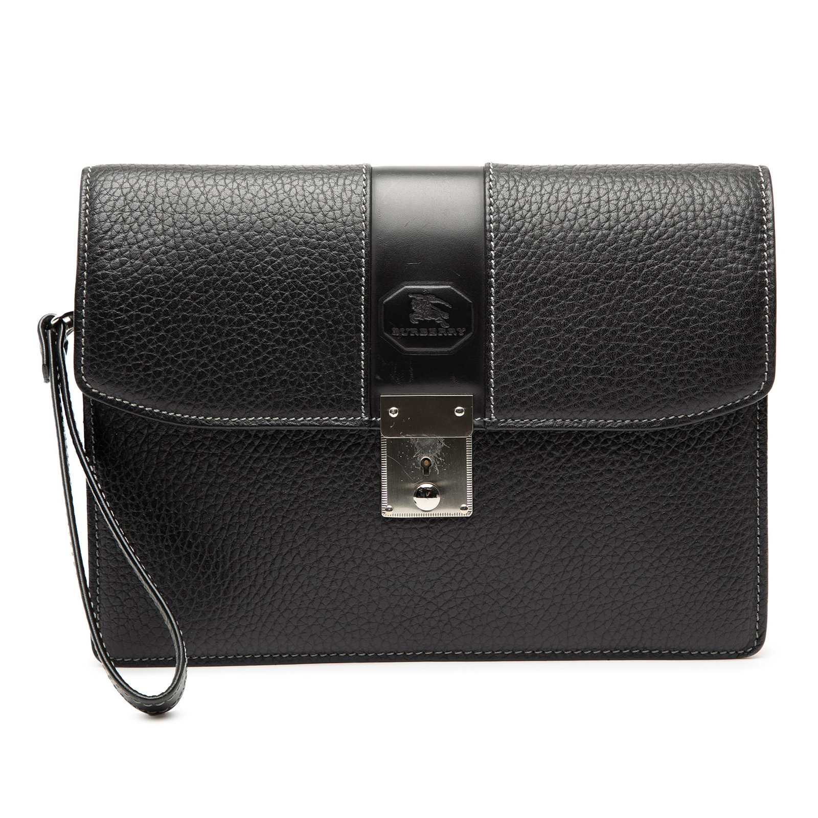 Black Leather Wristlet Clutch Bag by Burberry with Push Lock: Black Leather Wristlet Clutch Bag by Burberry with Push Lock This Burberry clutch is crafted from black leather and features a flat leather wristlet, a top flap with a push lock closure, and an interi