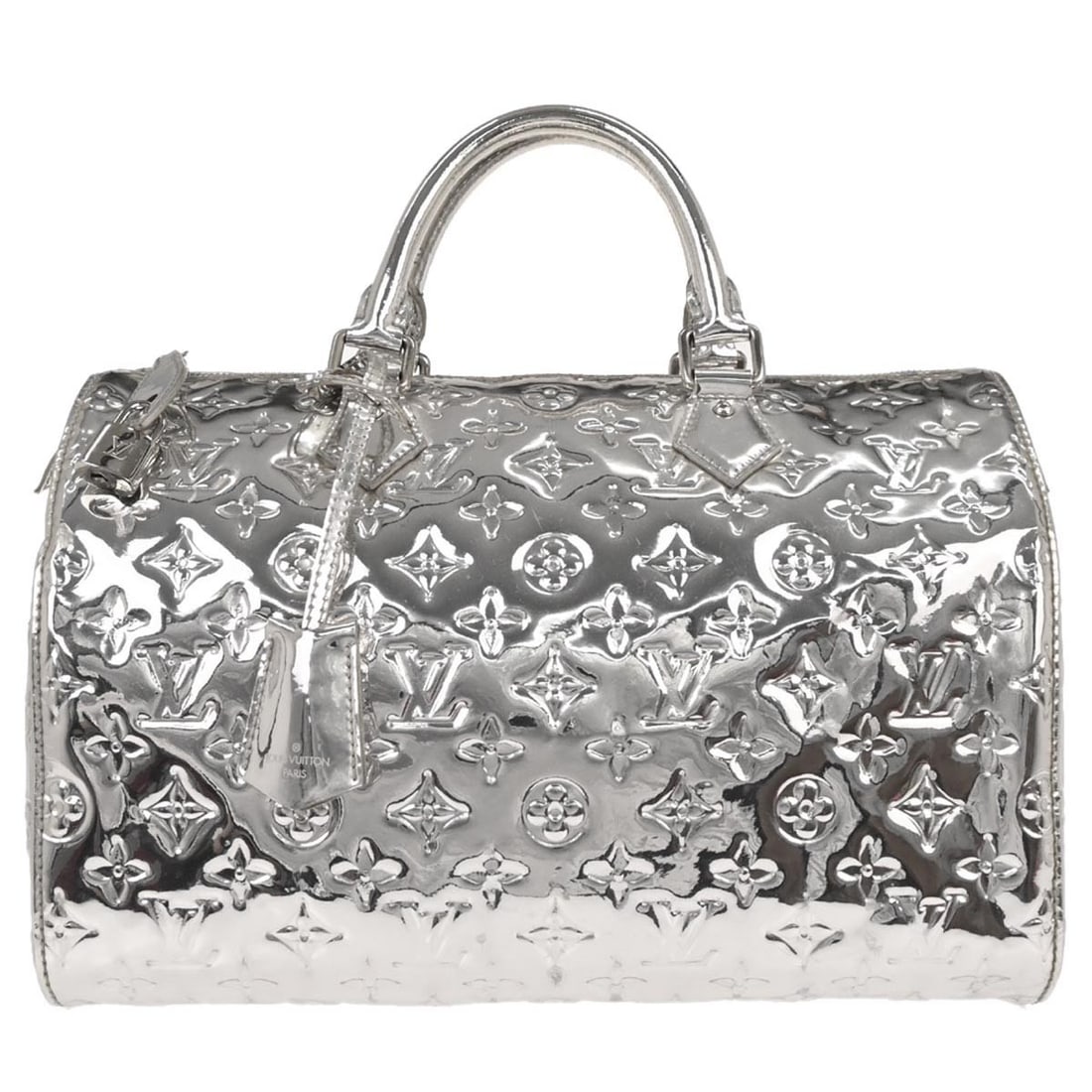 Louis Vuitton Speedy Silver Patent Leather Handbag Monogram Design: Louis Vuitton Speedy Silver Patent Leather Handbag Monogram Design This Louis Vuitton Speedy handbag showcases the iconic Monogram Miroir design in a striking silver color. Crafted from patent leather