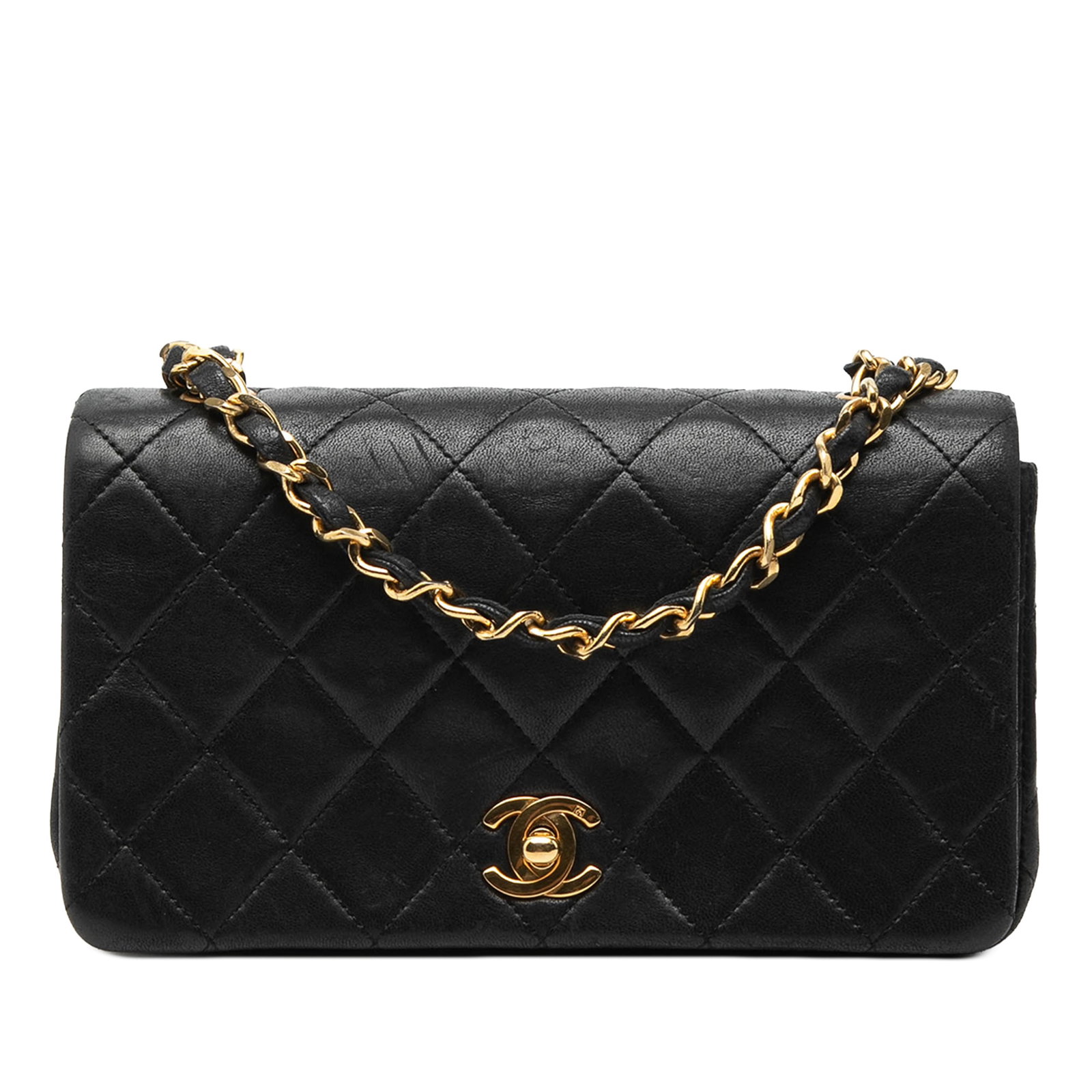 Chanel Mini CC Black Quilted Lambskin Leather Crossbody Flap Bag: Chanel Mini CC Black Quilted Lambskin Leather Crossbody Flap Bag This Chanel Mini CC Quilted Lambskin Full Flap crossbody bag features a black quilted lambskin leather body, a leather-woven chain shou