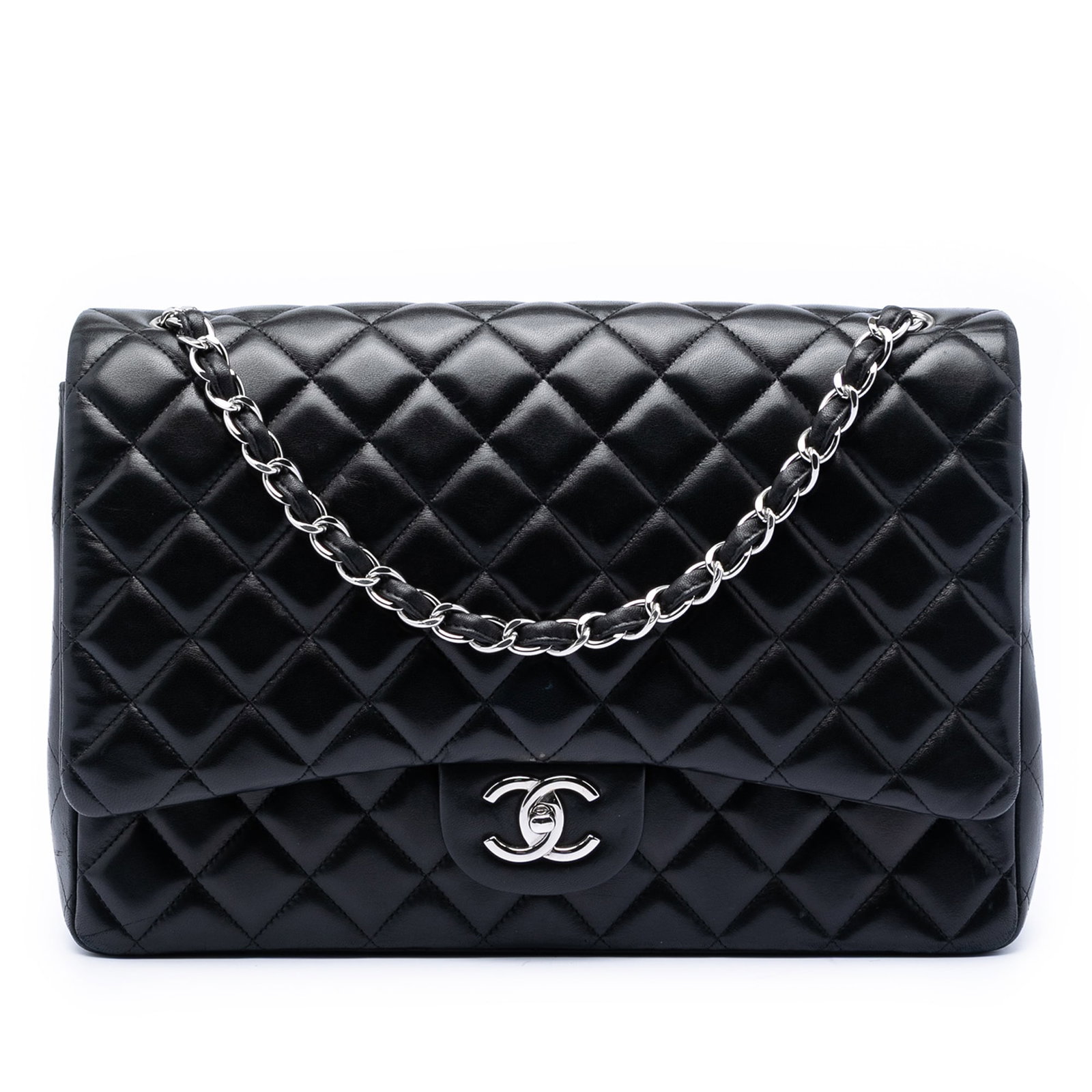 Chanel Maxi Double Flap Black Quilted Lambskin Shoulder Bag: Chanel Maxi Double Flap Black Quilted Lambskin Shoulder Bag This Chanel Maxi Classic Double Flap shoulder bag is crafted from quilted black lambskin leather and features leather-woven chain straps. It