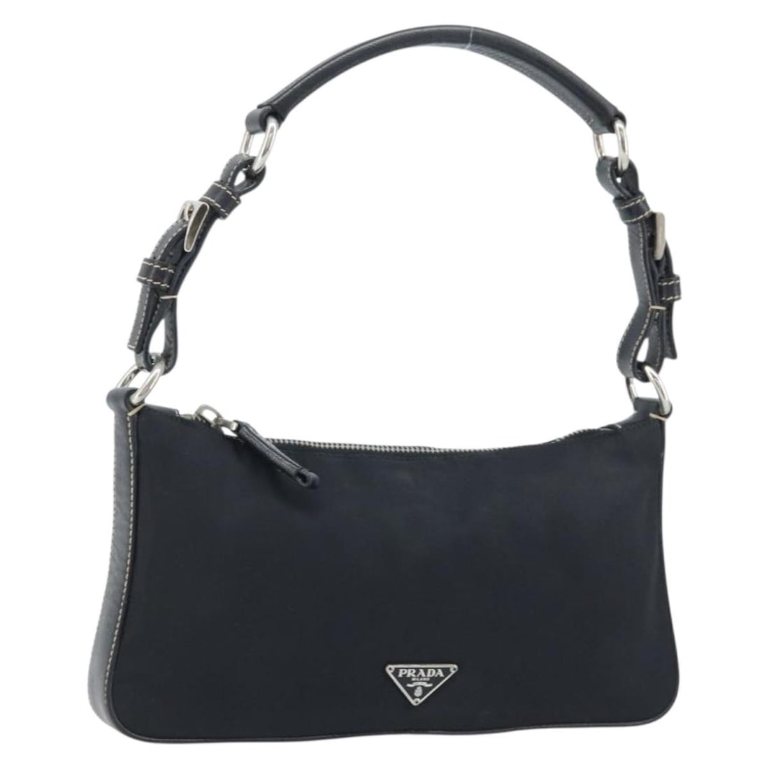 Prada Black Nylon Shoulder Bag with Silver Accents for Women: Prada Black Nylon Shoulder Bag with Silver Accents for Women This is a PRADA women's shoulder bag crafted from black nylon with silver-tone accents. Made in Italy, the bag features a compact design wi