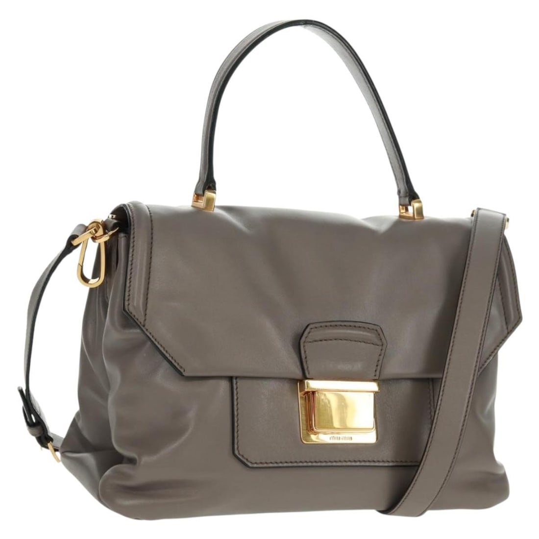 Gray Leather Miu Miu Two Way Handbag with Gold-Tone Accents and Strap: Gray Leather Miu Miu Two Way Handbag with Gold-Tone Accents and Strap This Miu Miu 2-way handbag features gray leather with gold accents and offers both handheld and shoulder carrying options. The bag
