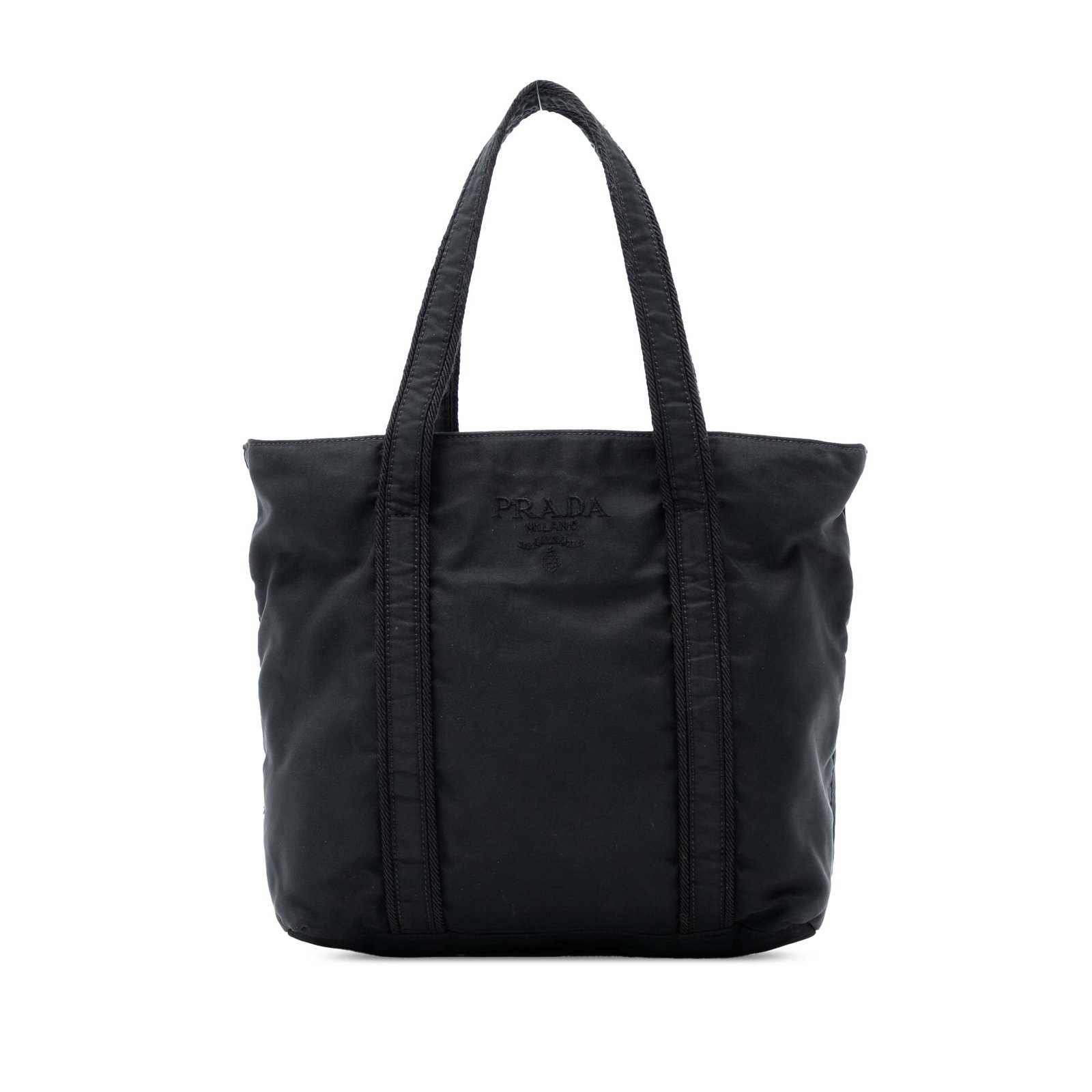 Prada Tessuto Black Nylon Tote Bag with Interior Zip Pocket: Prada Tessuto Black Nylon Tote Bag with Interior Zip Pocket This Prada Tessuto Tote features a black nylon fabric body with flat handles, a top zip closure, and an interior zip pocket. The bag origina