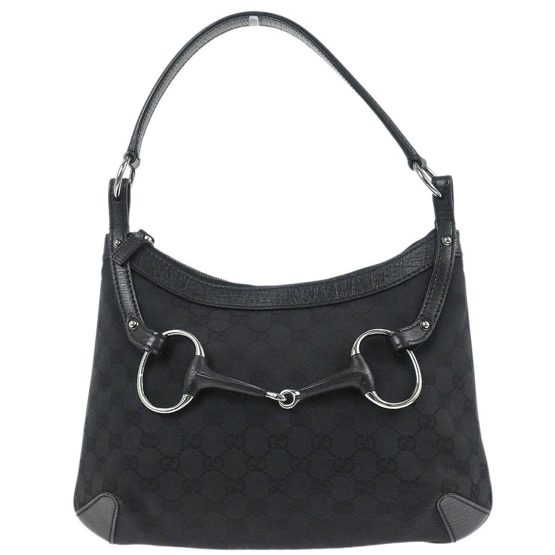 Gucci Horsebit Canvas and Leather Black Vintage Shoulder Bag: Gucci Horsebit Canvas and Leather Black Vintage Shoulder Bag This Gucci Vintage Horsebit Shoulder Bag is crafted from black canvas and leather, designed for women. The bag is made in Italy and feature