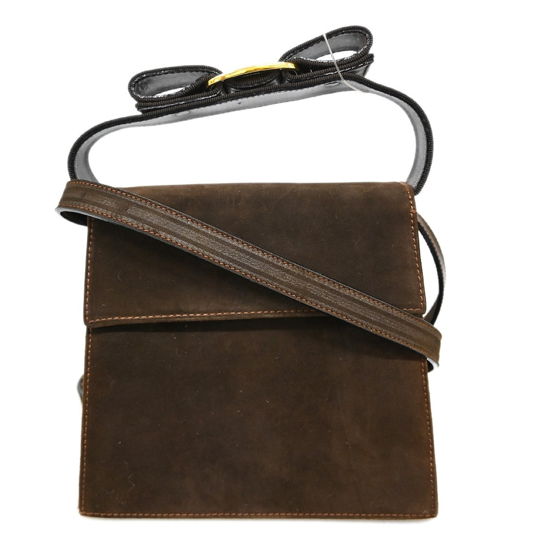 Brown Suede Vara Bow Top Handle Bag by Salvatore Ferragamo: Brown Suede Vara Bow Top Handle Bag by Salvatore Ferragamo This Salvatore Ferragamo handbag features a brown suede exterior with a signature Vara bow accent, designed in a versatile 2-way style. The m