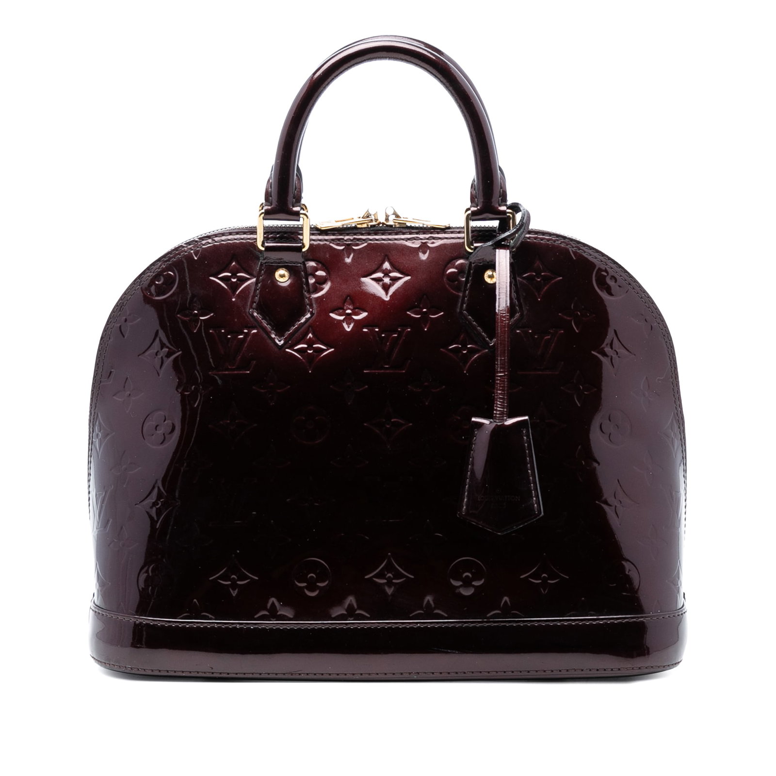 Louis Vuitton Alma PM Monogram Vernis Purple Leather Handbag: Louis Vuitton Alma PM Monogram Vernis Purple Leather Handbag This Louis Vuitton Monogram Vernis Alma PM handbag features a purple monogram vernis leather body with rolled leather handles, a top zip cl