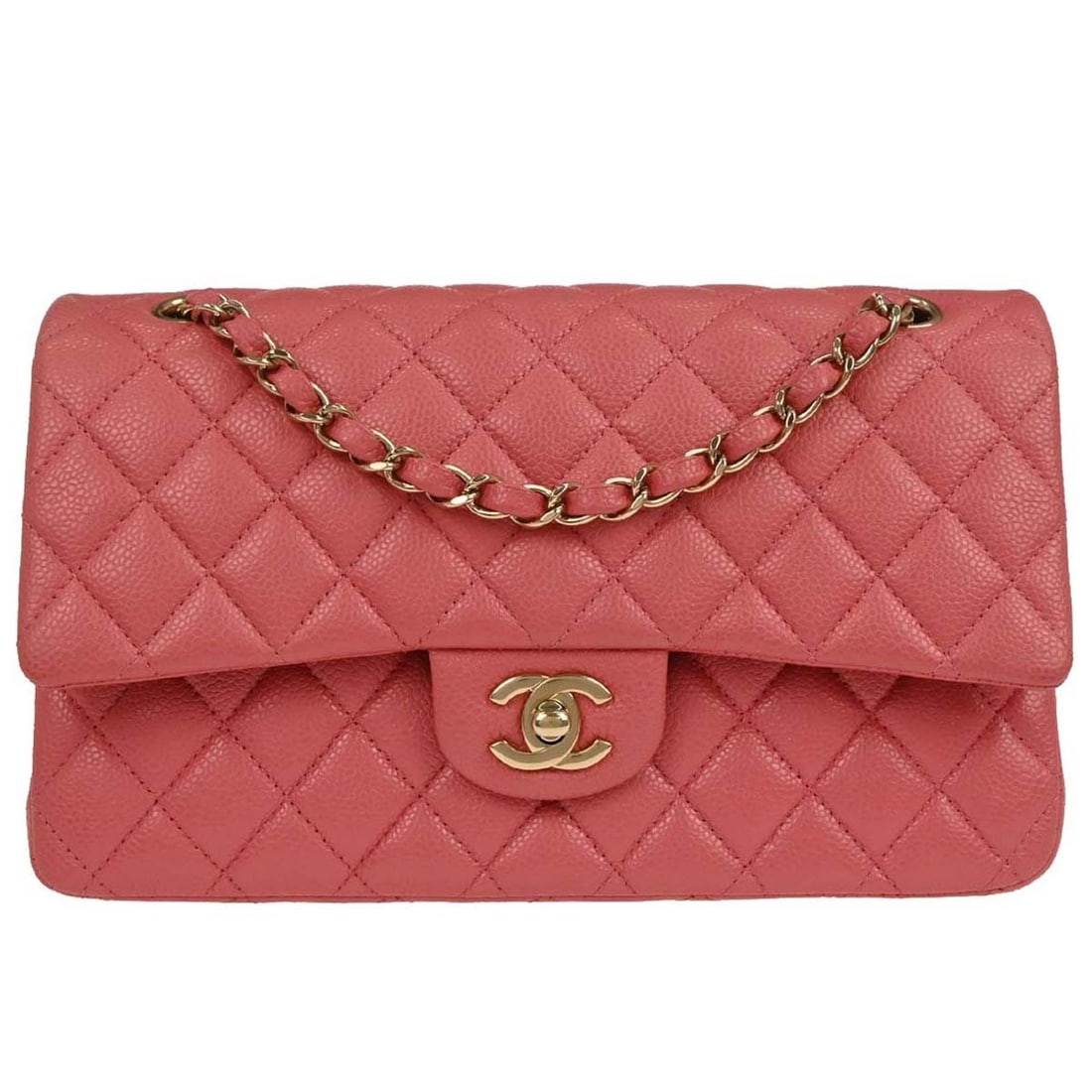Classic Double Flap Medium Pink Leather Shoulder Bag by Chanel: Classic Double Flap Medium Pink Leather Shoulder Bag by Chanel This Chanel Medium Classic Double Flap shoulder bag is crafted from pink calfskin leather and features a turn lock closure. Designed with