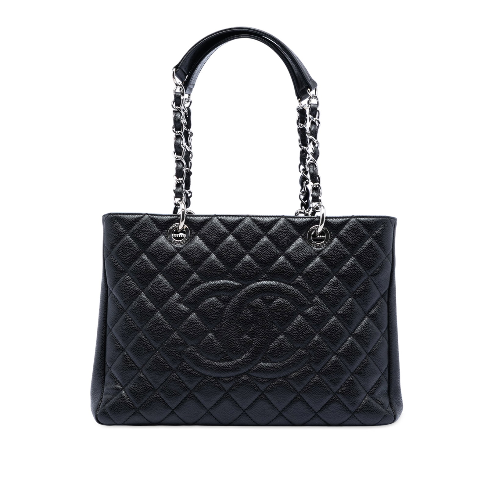 Black Quilted Leather Grand Shopping Tote by Chanel Caviar: Black Quilted Leather Grand Shopping Tote by Chanel Caviar This Chanel Grand Shopping Tote features a quilted Caviar leather exterior in black with leather woven chain shoulder straps. The bag include