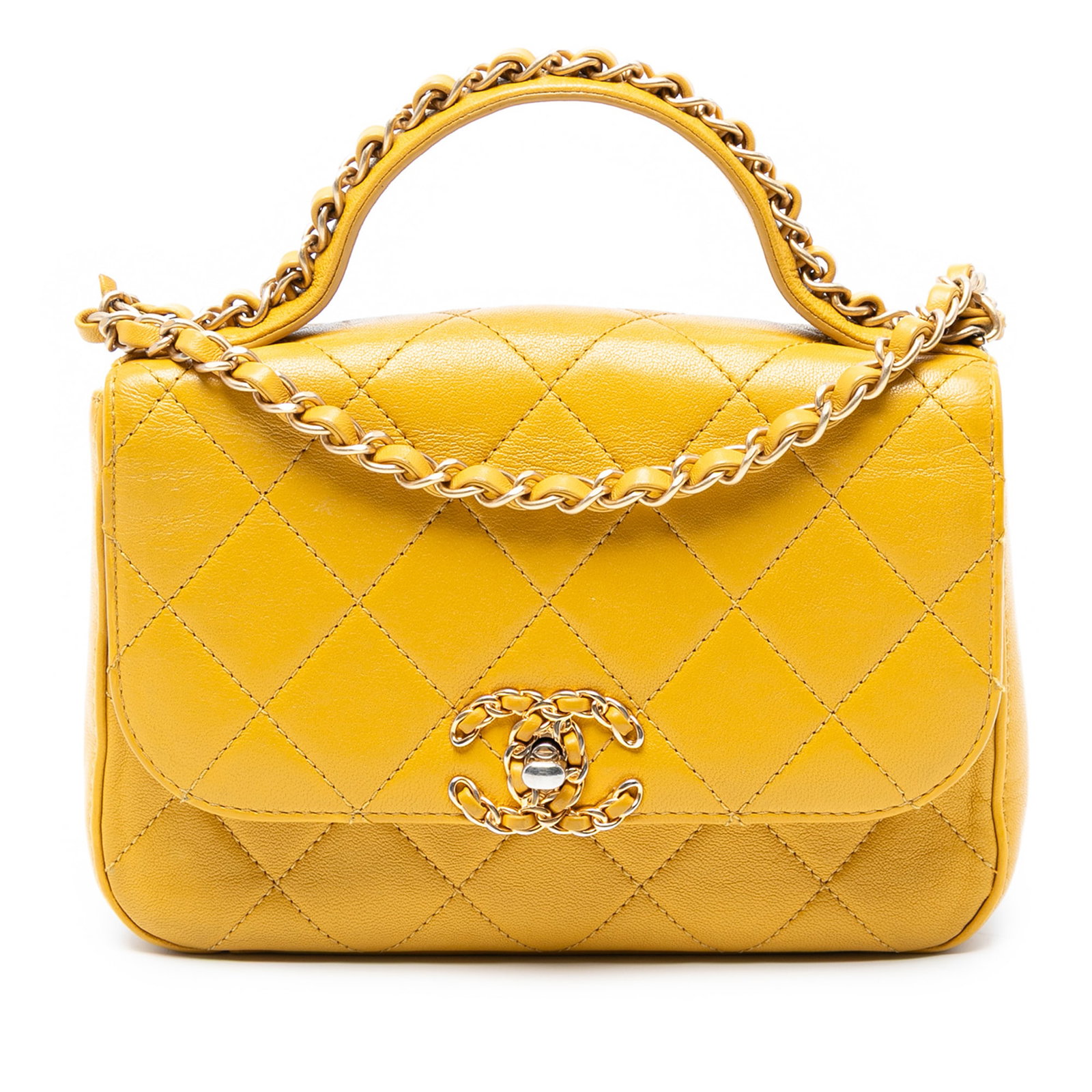 Chanel Small Yellow Quilted Lambskin Chain Infinity Top Handle Bag: Chanel Small Yellow Quilted Lambskin Chain Infinity Top Handle Bag This Chanel Small Quilted Lambskin Chain Infinity Top Handle Bag showcases a luxurious yellow quilted lambskin leather body. Designed