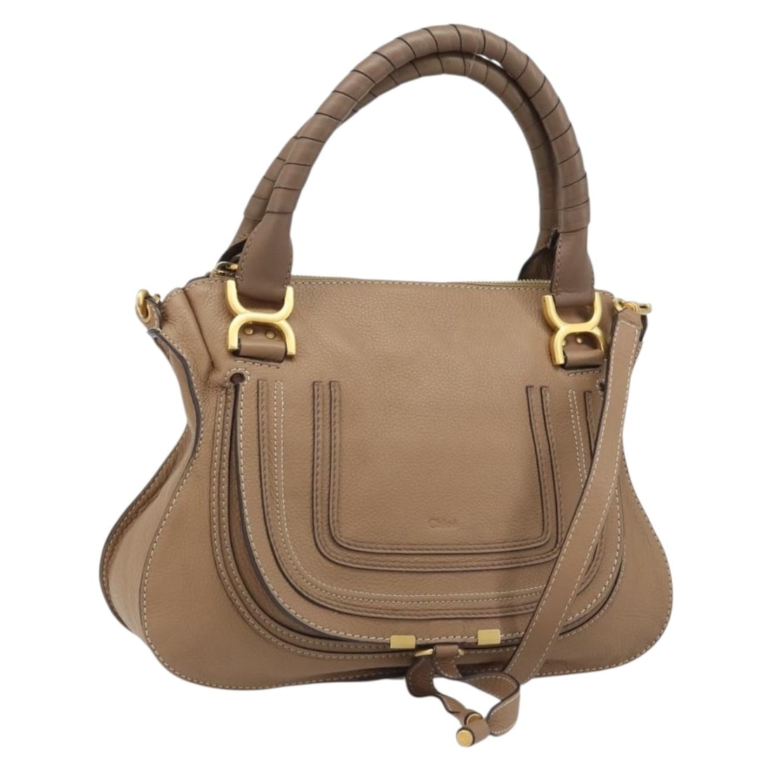 Chloe Mercy Beige Leather Convertible Handbag with Shoulder Strap: Chloe Mercy Beige Leather Convertible Handbag with Shoulder Strap This Chloe Mercy handbag features a versatile 2-way design crafted in beige leather with gold-tone accents. The bag offers both a hand