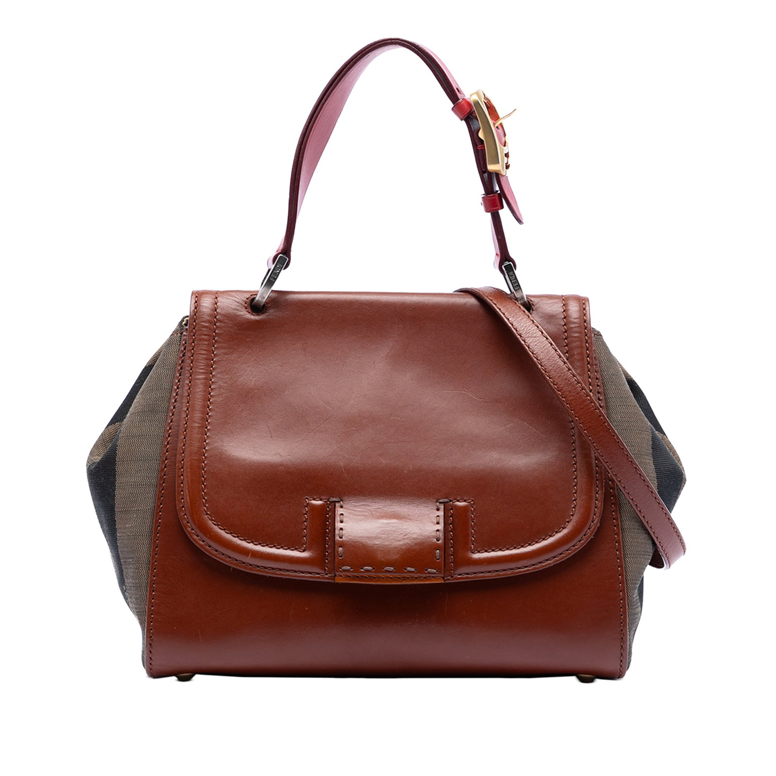 Fendi Silvana Satchel in Leather and Pequin Canvas with Top Handle: Fendi Silvana Satchel in Leather and Pequin Canvas with Top Handle This Fendi Silvana Satchel features a combination of leather and signature Pequin canvas, complemented by a flat top handle and a det