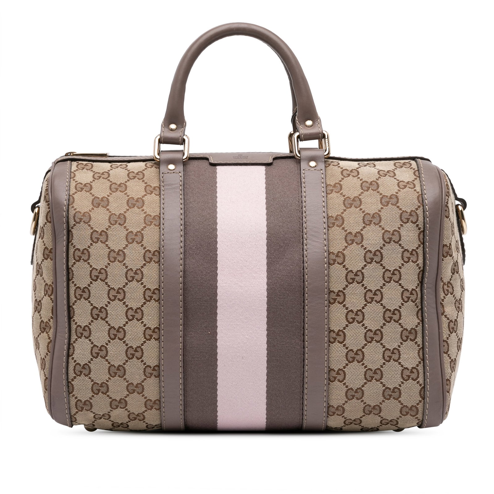Gucci Joy Boston Satchel Medium GG Canvas with Web and Leather Trim: Gucci Joy Boston Satchel Medium GG Canvas with Web and Leather Trim This Gucci Medium GG Canvas Web Joy Boston Bag features a beige canvas body with leather trim and distinctive web detailing. It is d