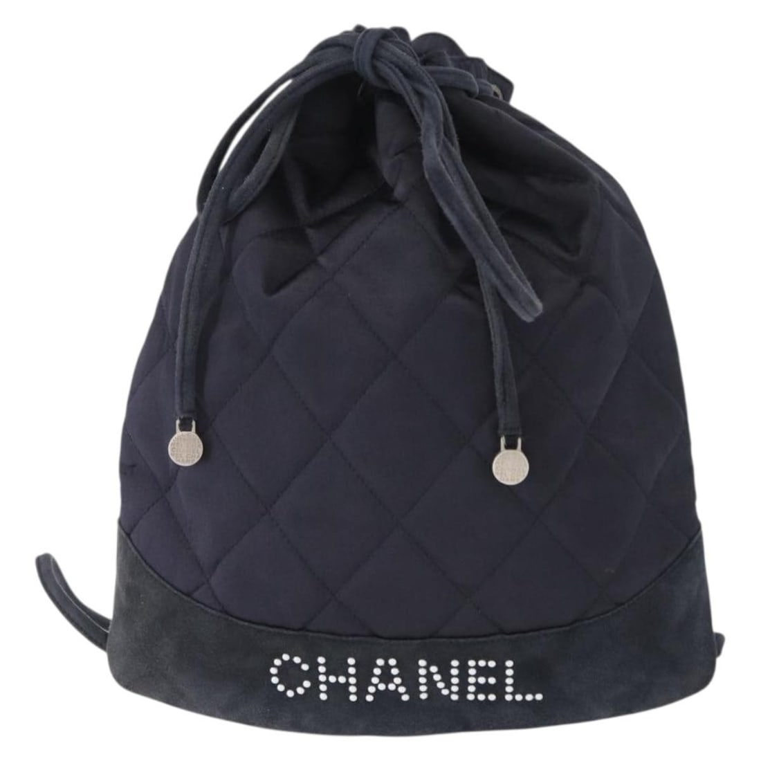 Navy Satin Quilted Drawstring Backpack with Suede by Chanel: Navy Satin Quilted Drawstring Backpack with Suede by Chanel This Chanel vintage drawstring backpack features a quilted satin exterior with suede accents in a navy color. Designed for women, it include