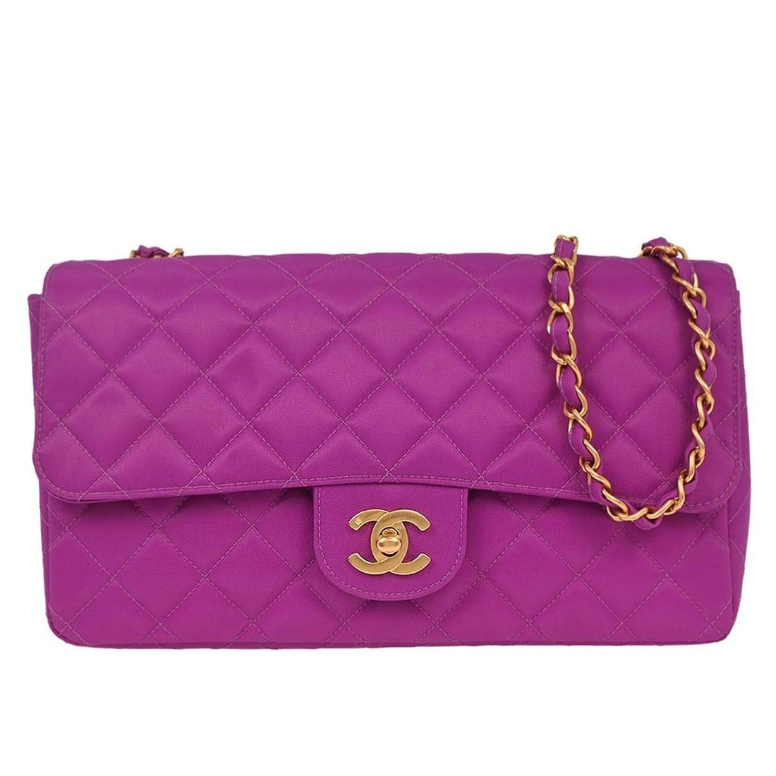 Chanel Purple Nylon Medium Flap Shoulder Bag with Leather Lining: Chanel Purple Nylon Medium Flap Shoulder Bag with Leather Lining Introducing the Chanel Purple Nylon Medium Single Flap Shoulder Bag, a perfect blend of style and functionality. This medium-sized shou