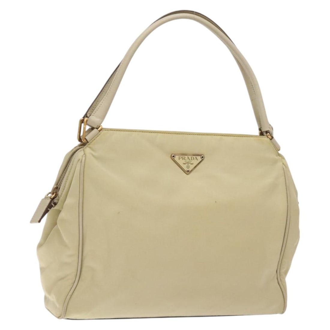 Prada Tessuto Nylon Beige Vintage Zip Handbag 26cm by 20cm by 6cm: Prada Tessuto Nylon Beige Vintage Zip Handbag 26cm by 20cm by 6cm This Prada vintage zip handbag is crafted from beige nylon and designed for women. It features a zip closure and includes leather deta