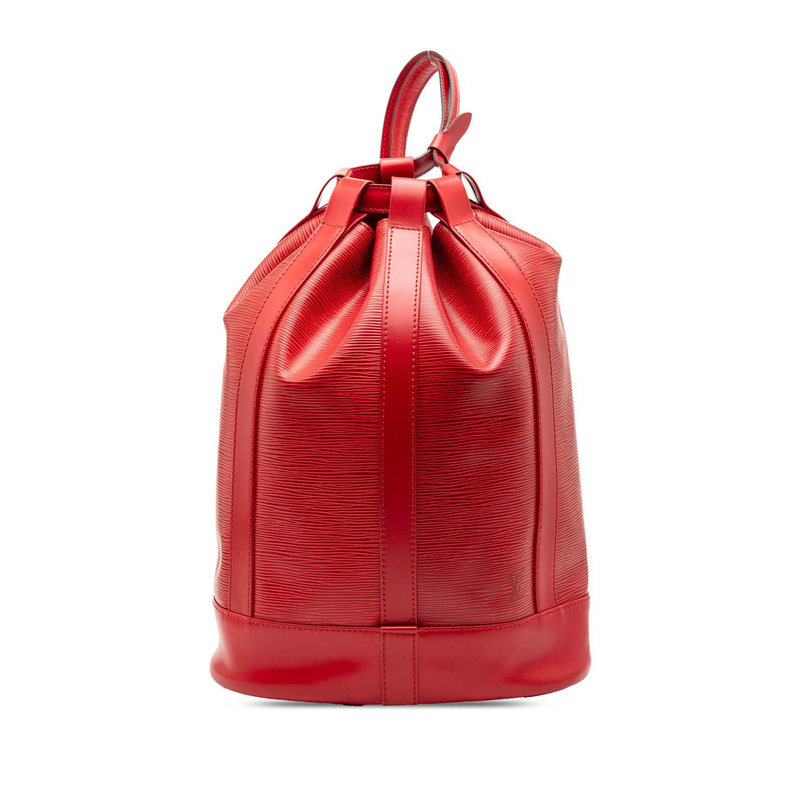 Red Epi Leather Randonnee PM Backpack by Louis Vuitton: Red Epi Leather Randonnee PM Backpack by Louis Vuitton The Louis Vuitton Epi Randonnee PM features a red epi leather body with adjustable flat straps and a top drawstring closure. The bag shows signs 