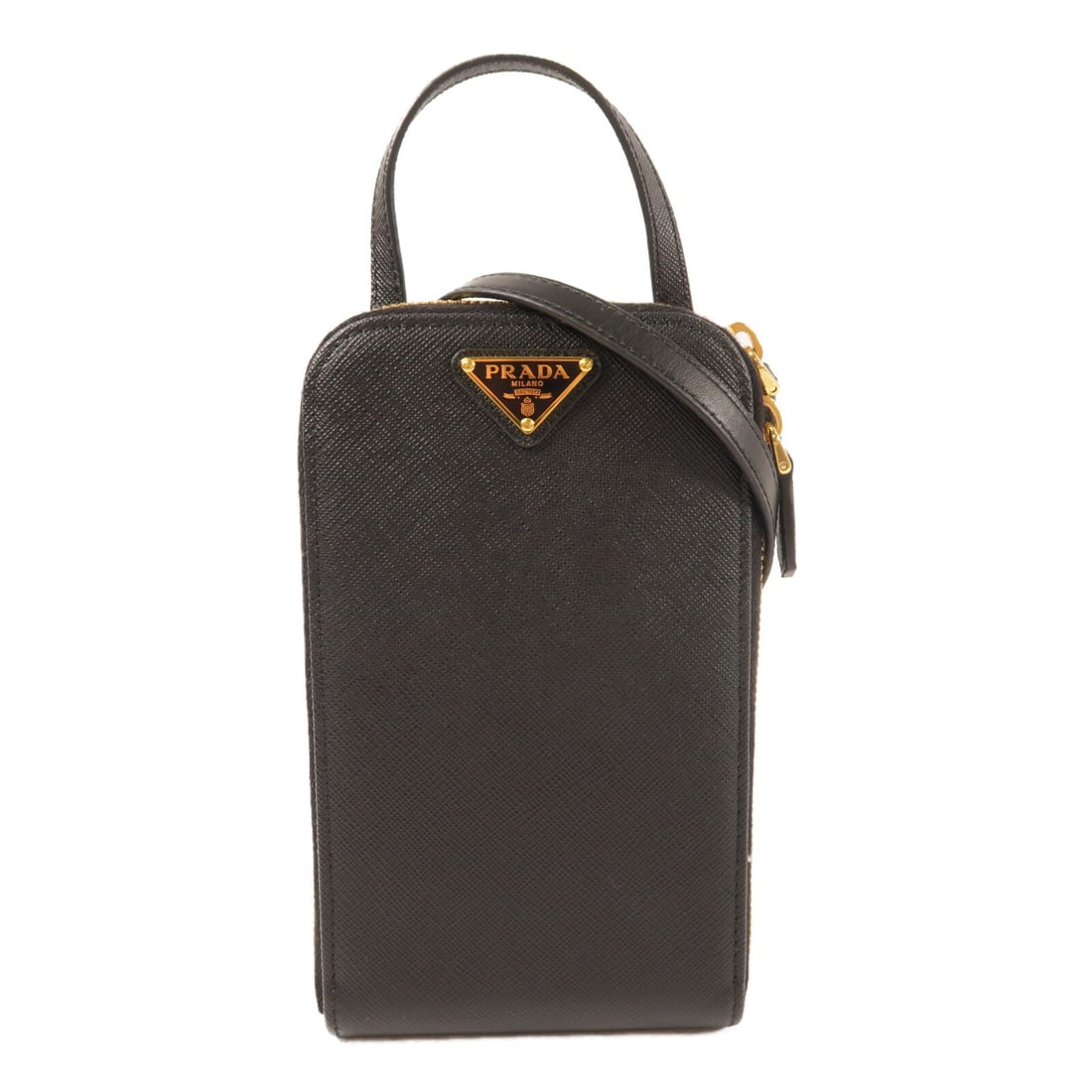Prada Black Calfskin 2Way Phone Shoulder Bag 1BP027 Gold Hardware: Prada Black Calfskin 2Way Phone Shoulder Bag 1BP027 Gold Hardware This PRADA 2-way shoulder bag is crafted from black calfskin leather and features a compact design suitable for carrying a phone. The 