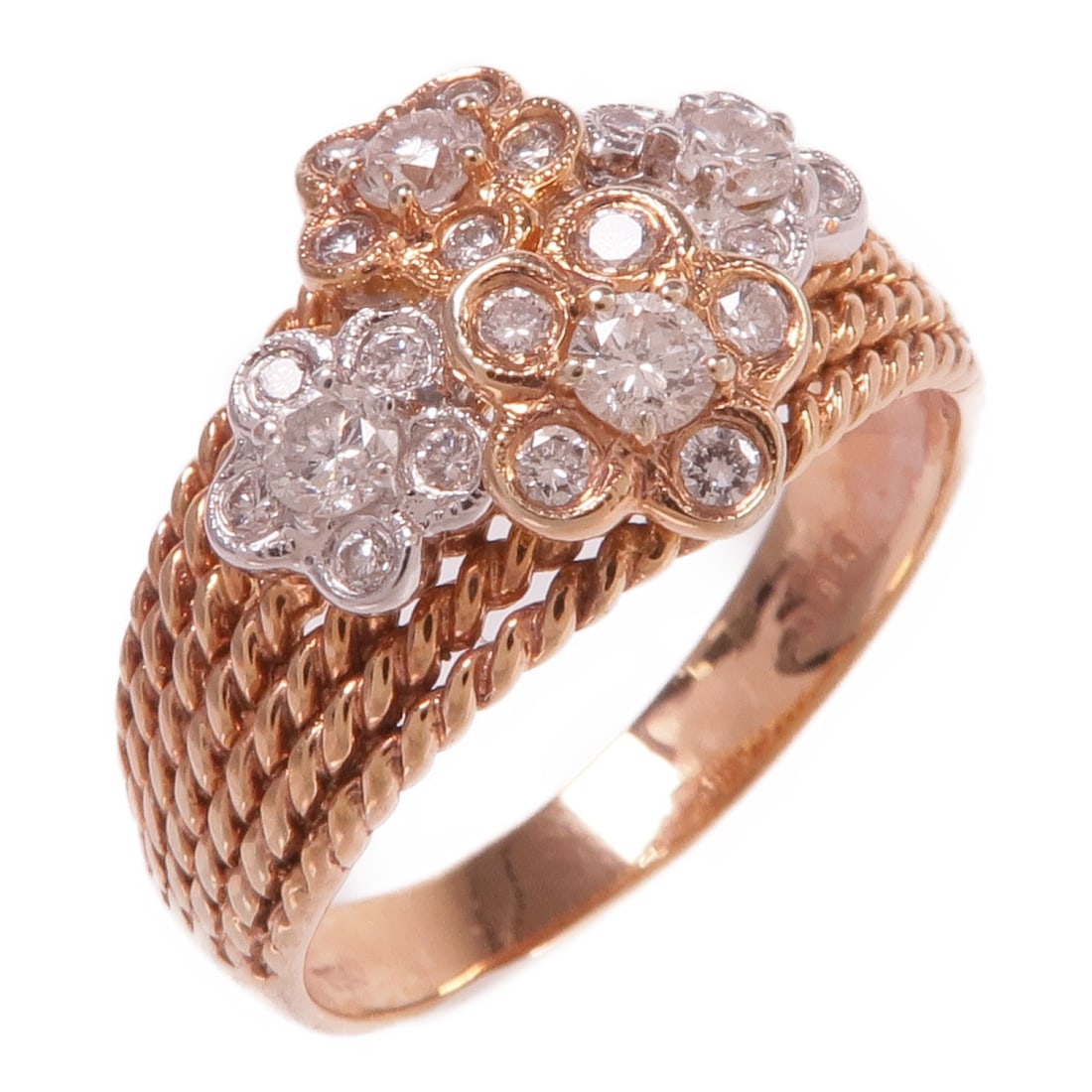 JEWELRY 18K Pink Gold Diamond Ring Size 8.25: JEWELRY 18K Pink Gold Diamond Ring Size 8.25 This exquisite diamond ring features a stunning blend of 18K pink gold and white gold, offering a unique and elegant design. The ring showcases a clear dia
