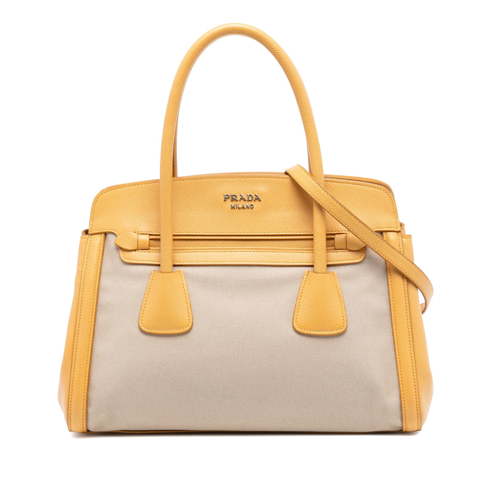 Prada Canapa Satchel with Saffiano Leather Trim and Removable Strap: Prada Canapa Satchel with Saffiano Leather Trim and Removable Strap This Prada Saffiano Cuir Trimmed Canapa Satchel features a brown canvas body with saffiano leather trim, rolled leather handles, and