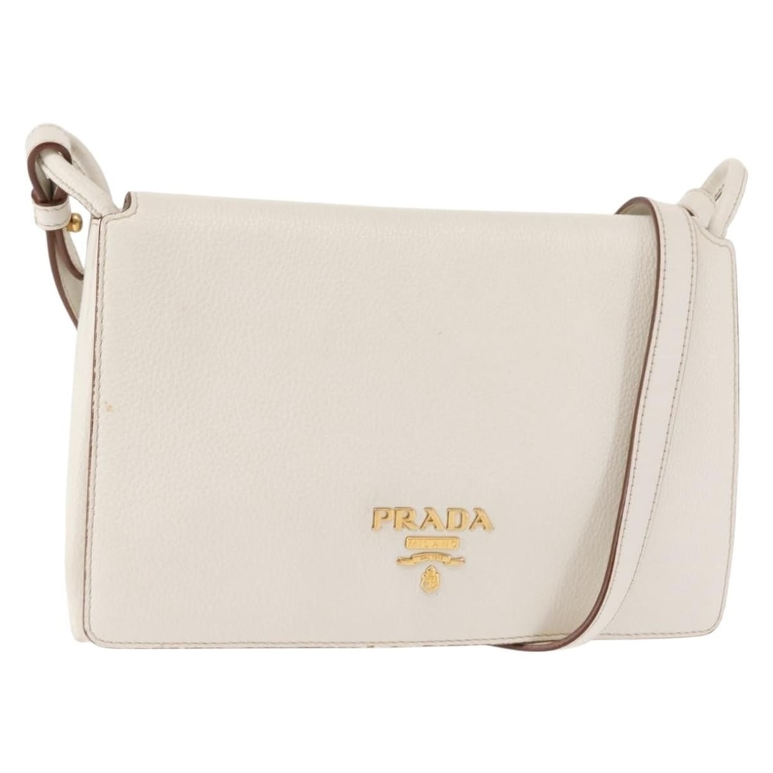 PRADA Leather Shoulder Bag White Gold Made in Italy: PRADA Leather Shoulder Bag White Gold Made in Italy This exquisite PRADA shoulder bag showcases a luxurious leather exterior in a stunning white and gold color combination. Crafted in Italy, this styl