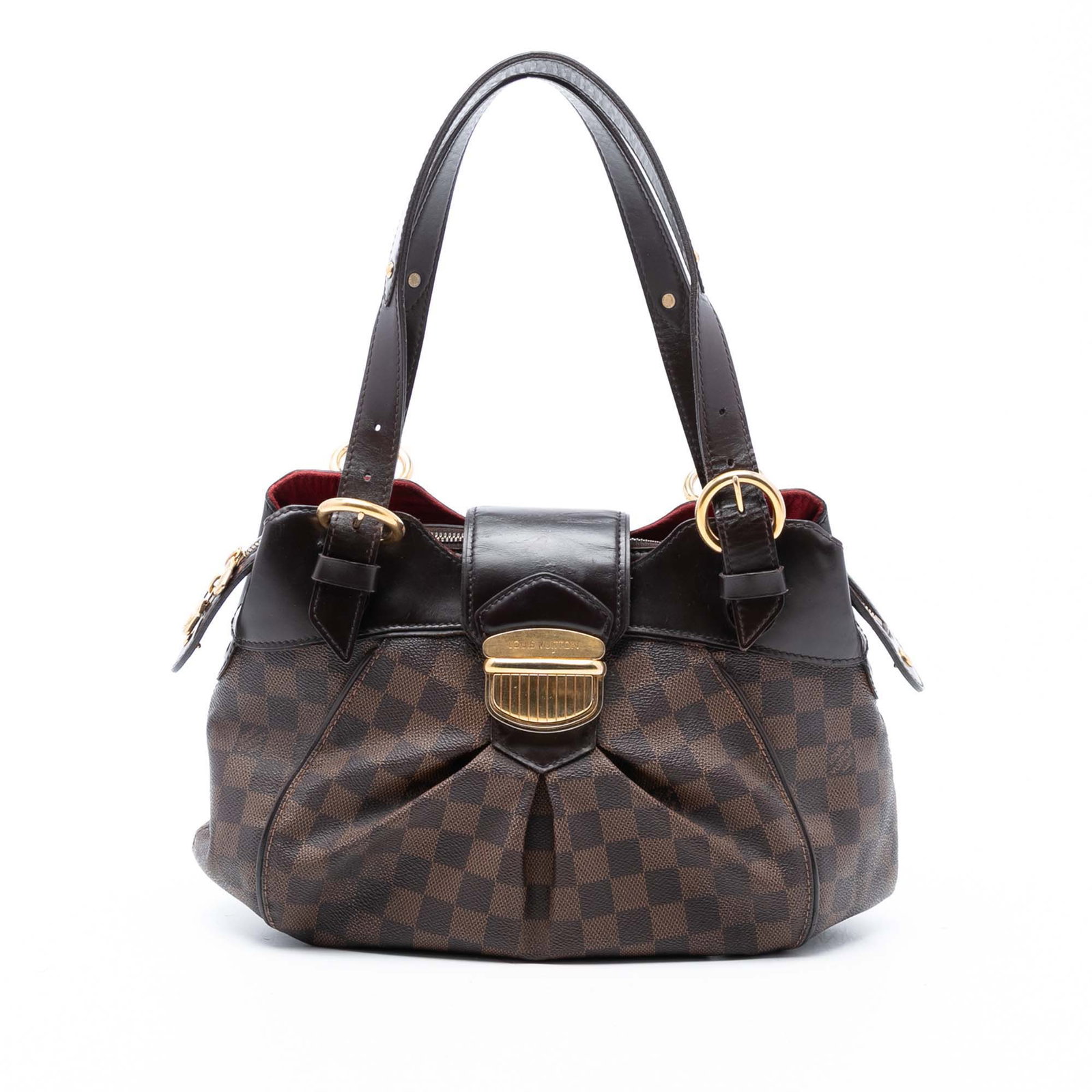Damier Ebene Sistina PM Shoulder Bag by Louis Vuitton with Leather Trim: Damier Ebene Sistina PM Shoulder Bag by Louis Vuitton with Leather Trim The Louis Vuitton Damier Ebene Sistina PM features a signature Damier Ebene canvas body with leather trim and adjustable flat le