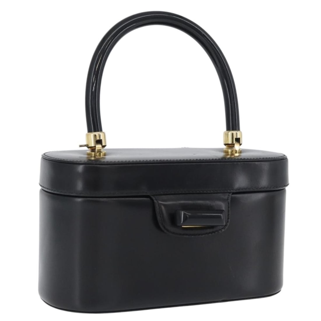 Gucci Black Leather Vanity Bag with Gold Accents Made in Italy: Gucci Black Leather Vanity Bag with Gold Accents Made in Italy This Gucci vanity handbag features black leather with gold-tone accents. Designed for women, it offers a compact silhouette with a top ha