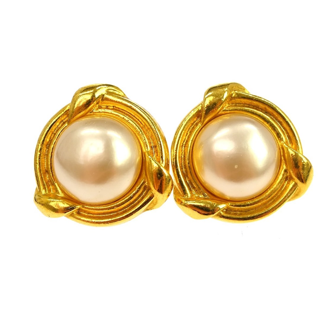 Chanel 93P Clip-On Button Earrings with Gold Tone and Faux Pearl (1 of 4)